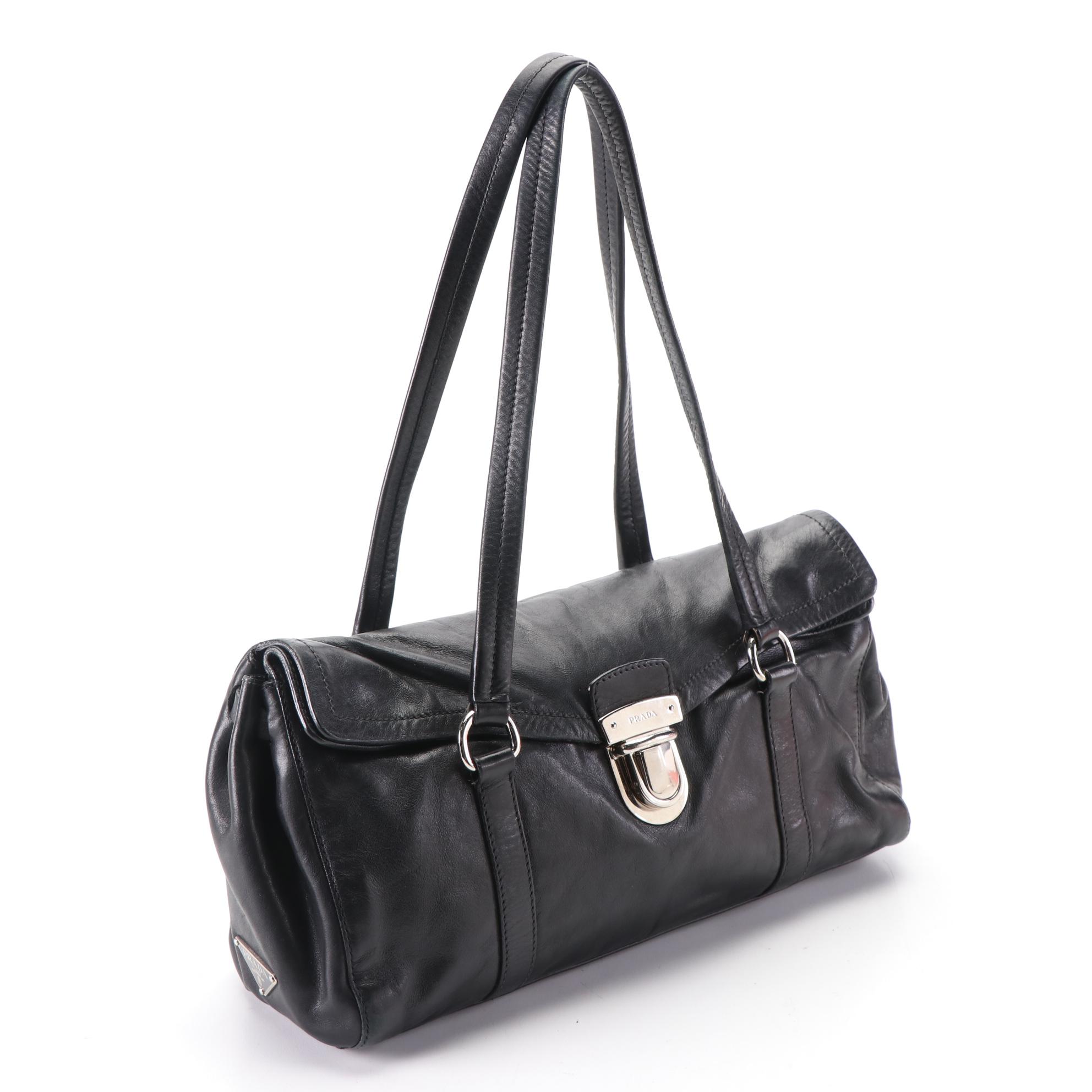Prada Small Push-Lock Shoulder Bag in Black Calfskin Leather