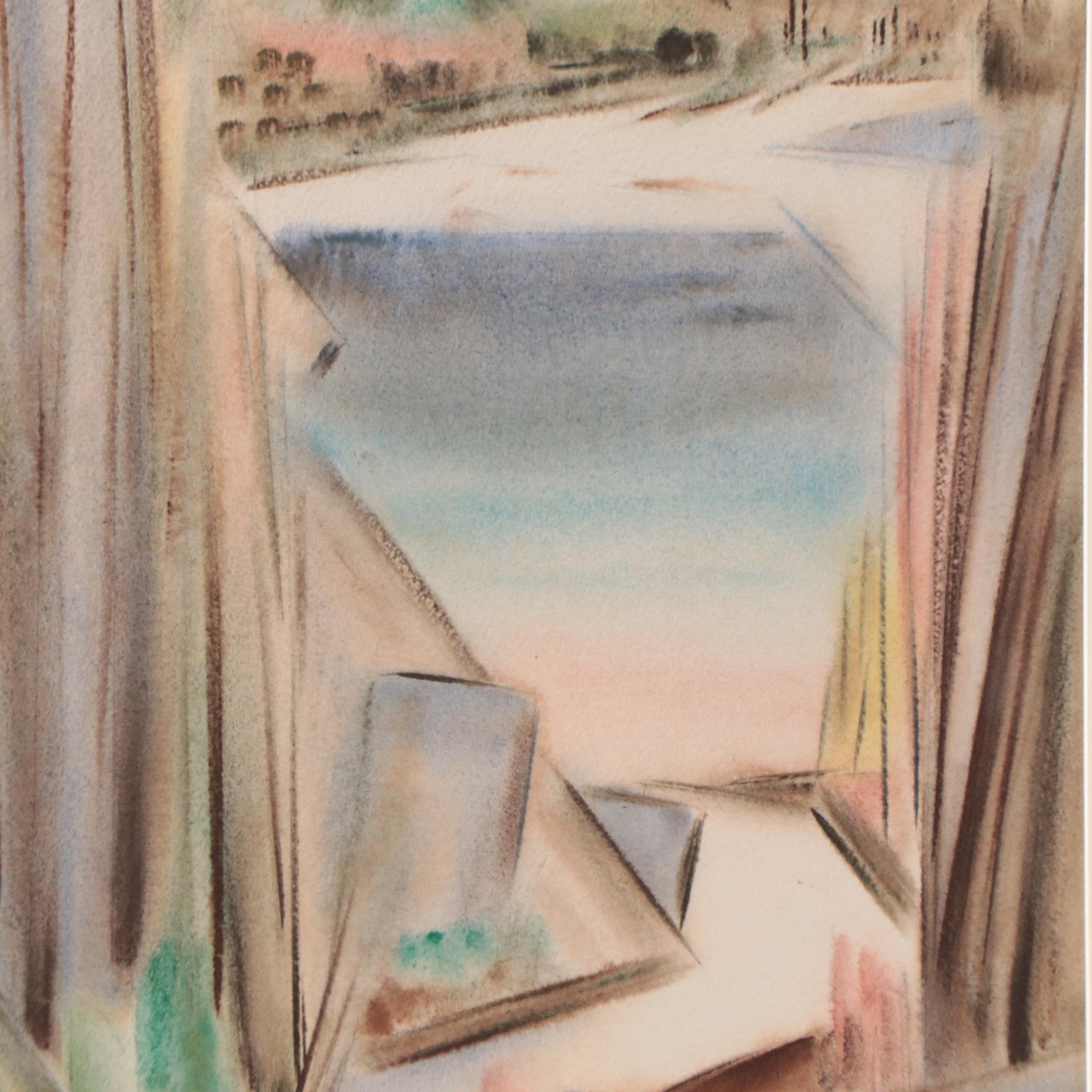 Yngve Olsen Modernist Coastal Landscape Watercolor Painting, Circa 1950