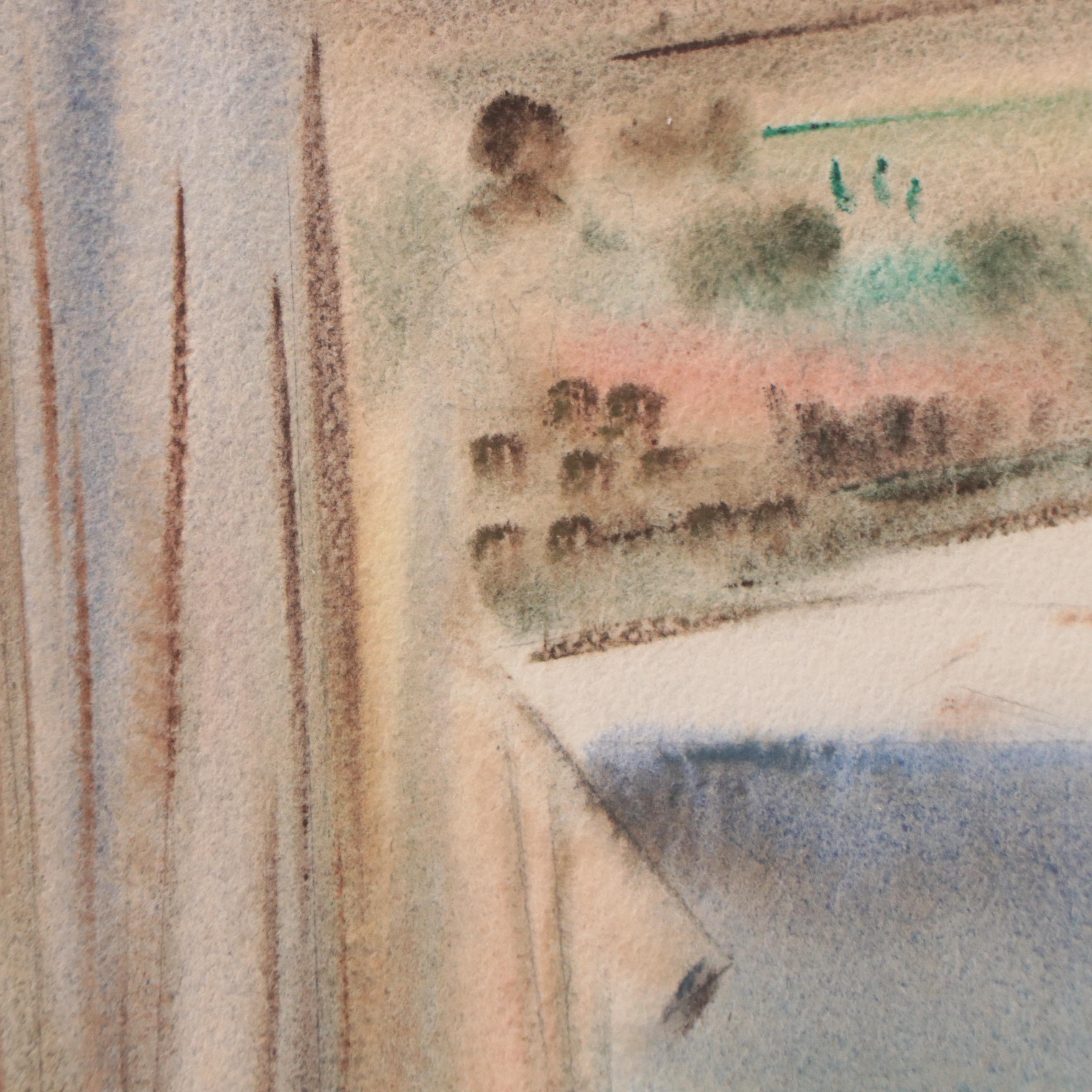 Yngve Olsen Modernist Coastal Landscape Watercolor Painting, Circa 1950