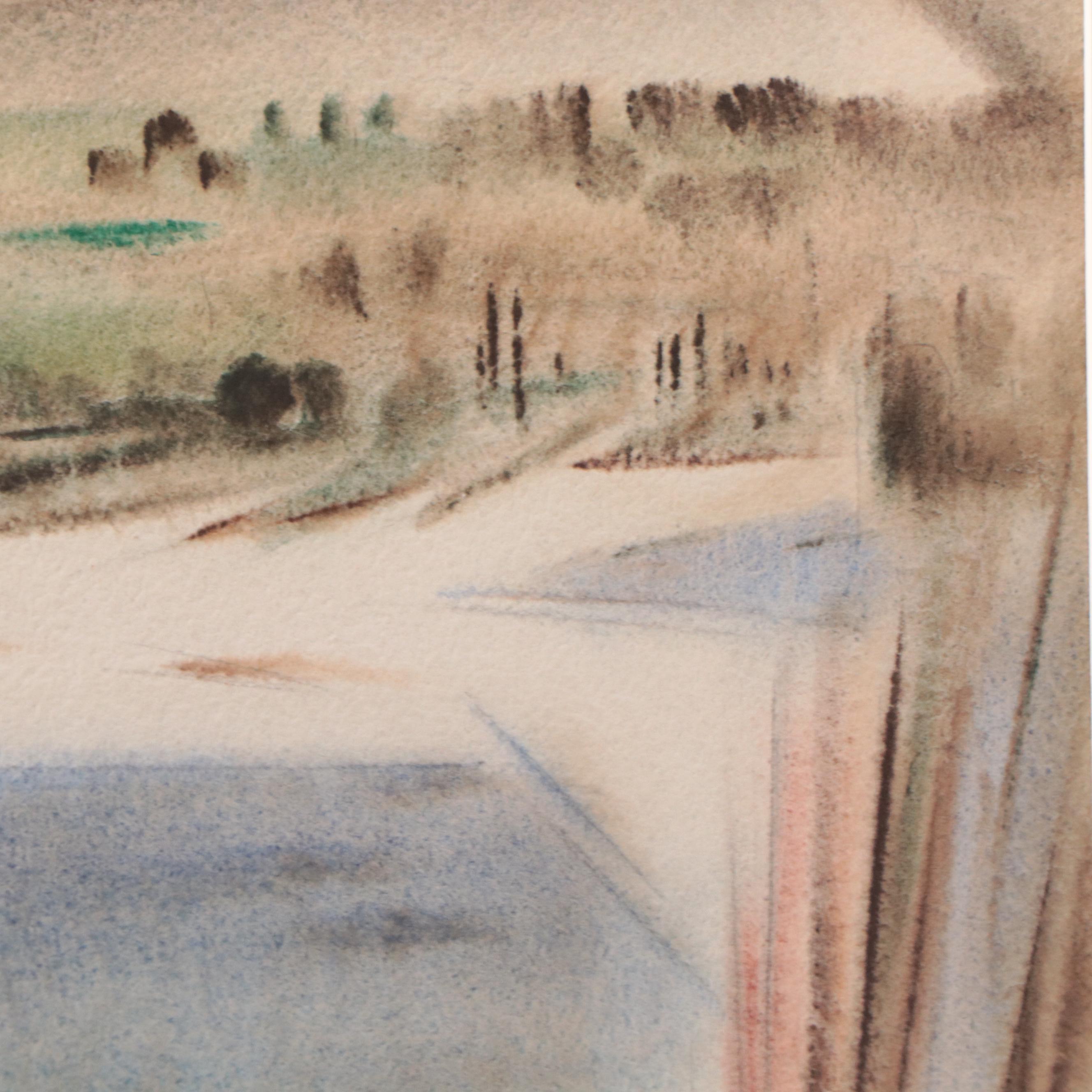 Yngve Olsen Modernist Coastal Landscape Watercolor Painting, Circa 1950