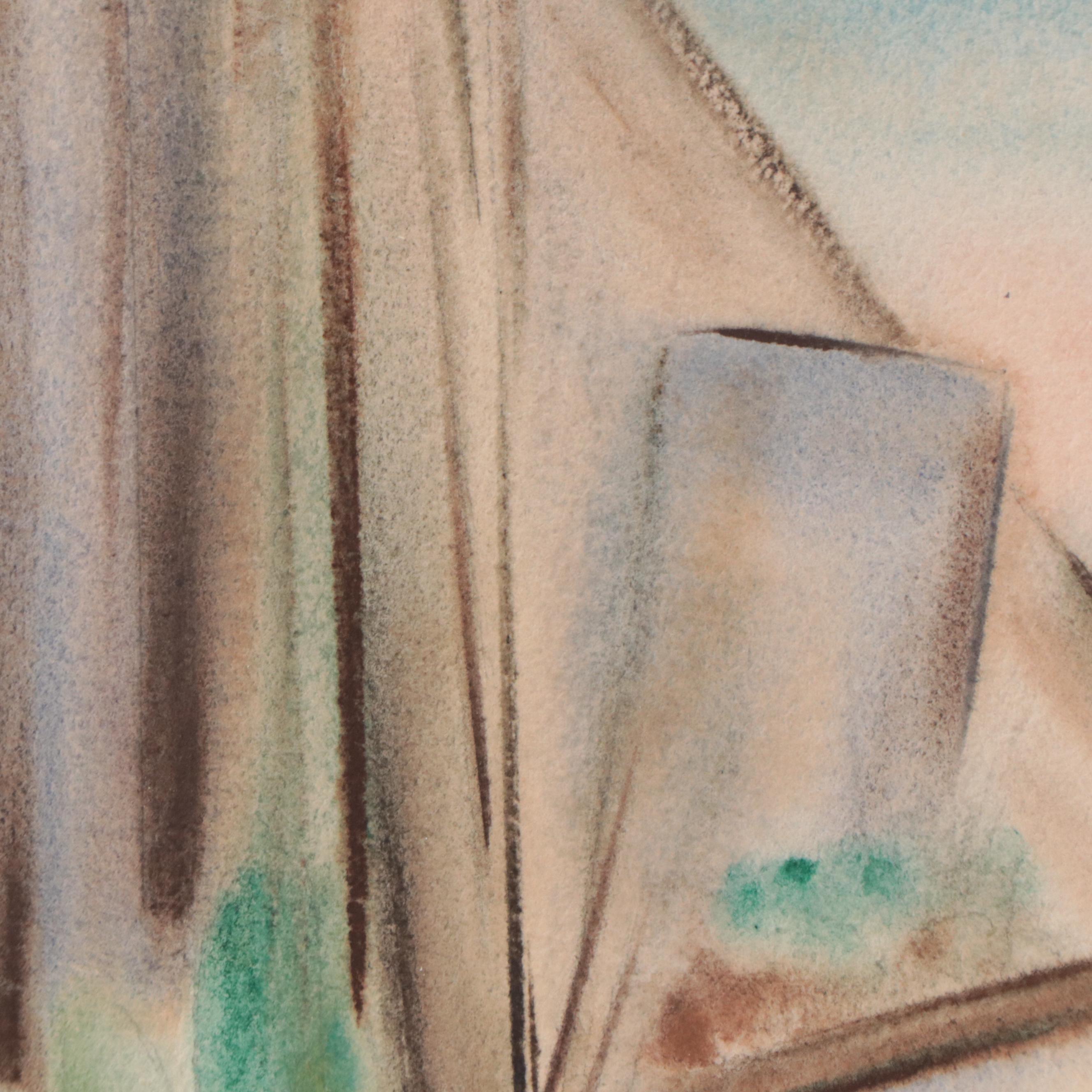 Yngve Olsen Modernist Coastal Landscape Watercolor Painting, Circa 1950