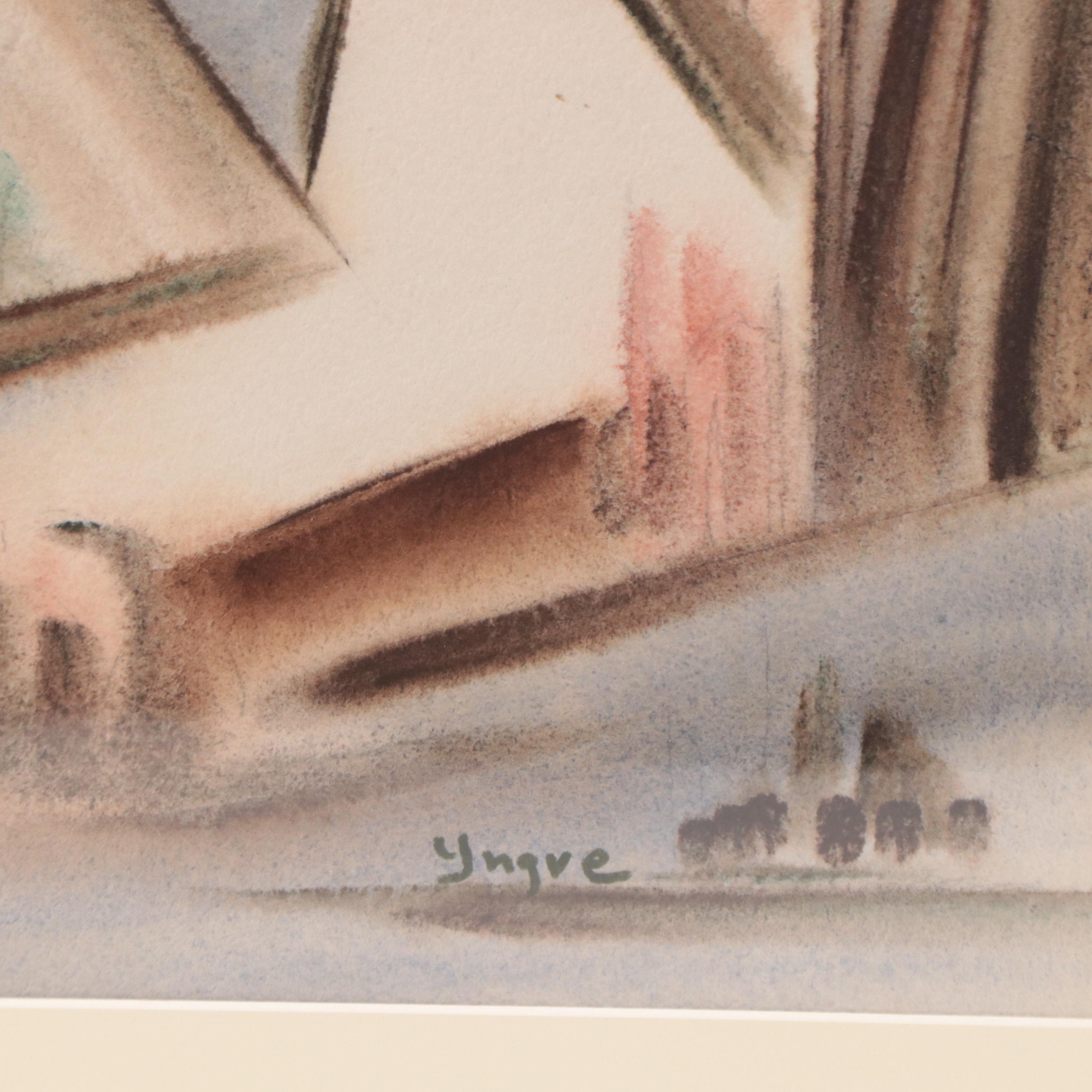 Yngve Olsen Modernist Coastal Landscape Watercolor Painting, Circa 1950