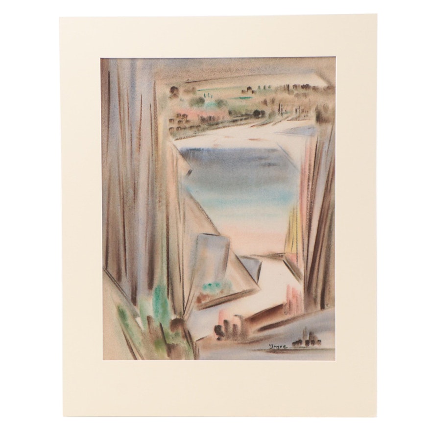 Yngve Olsen Modernist Coastal Landscape Watercolor Painting, Circa 1950