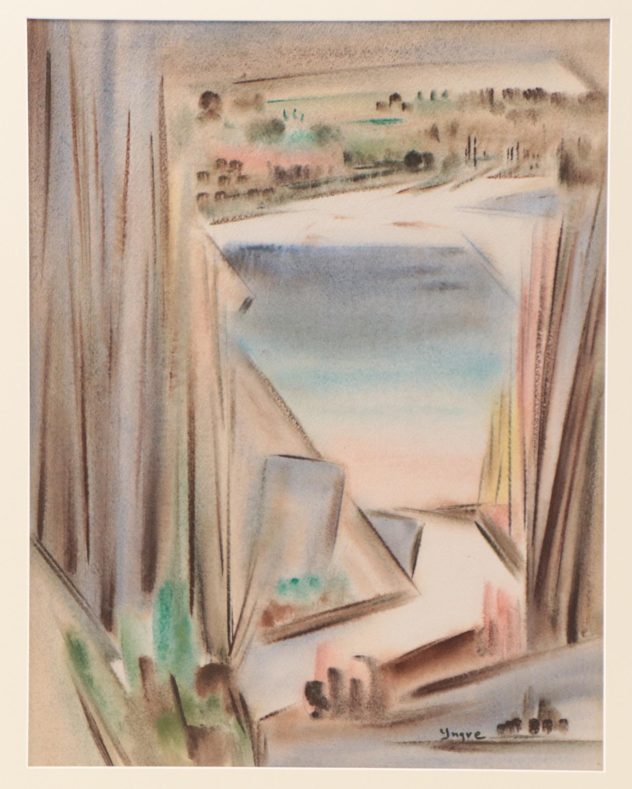 Yngve Olsen Modernist Coastal Landscape Watercolor Painting, Circa 1950