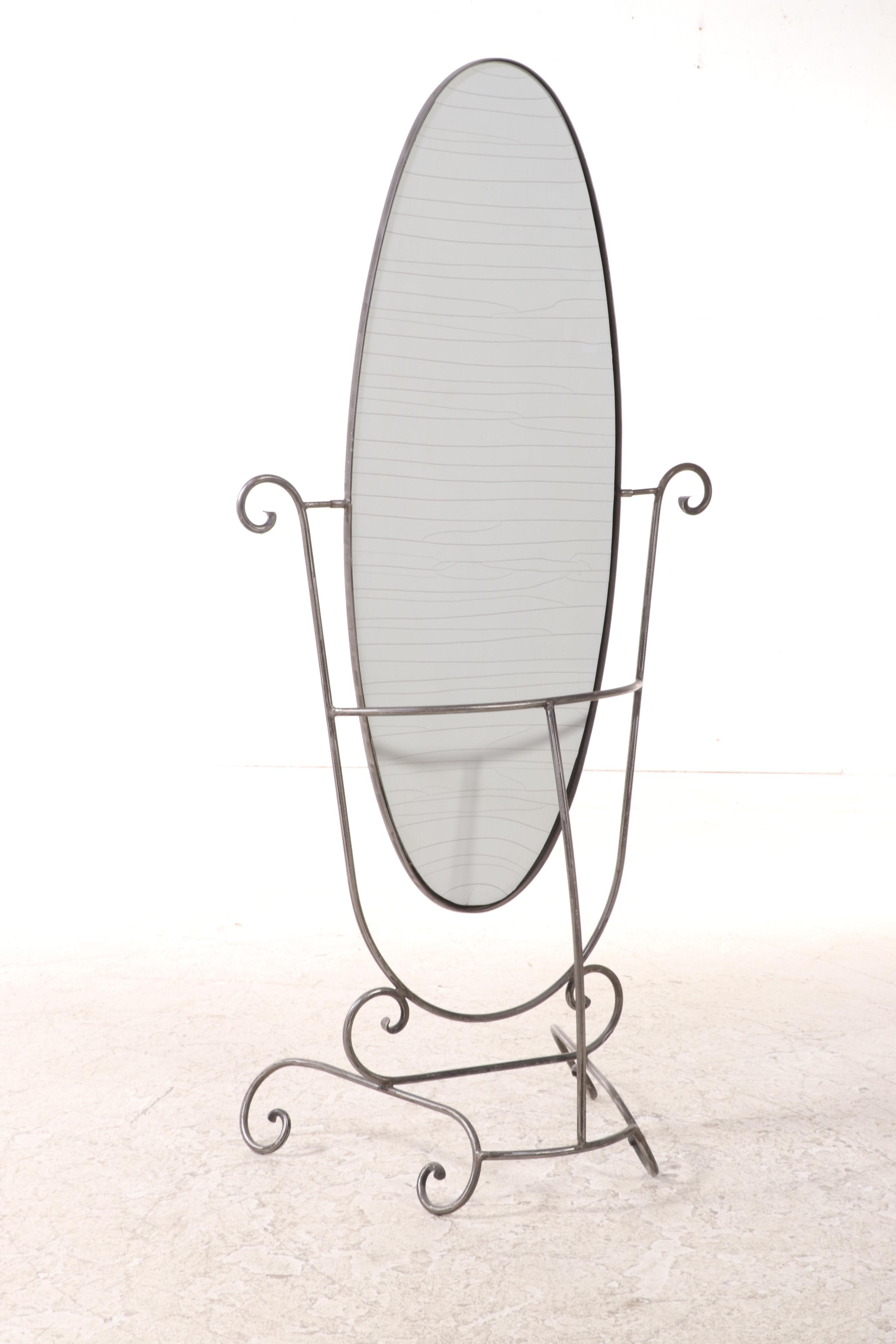 Patinated and Scrolled Metal Cheval Mirror