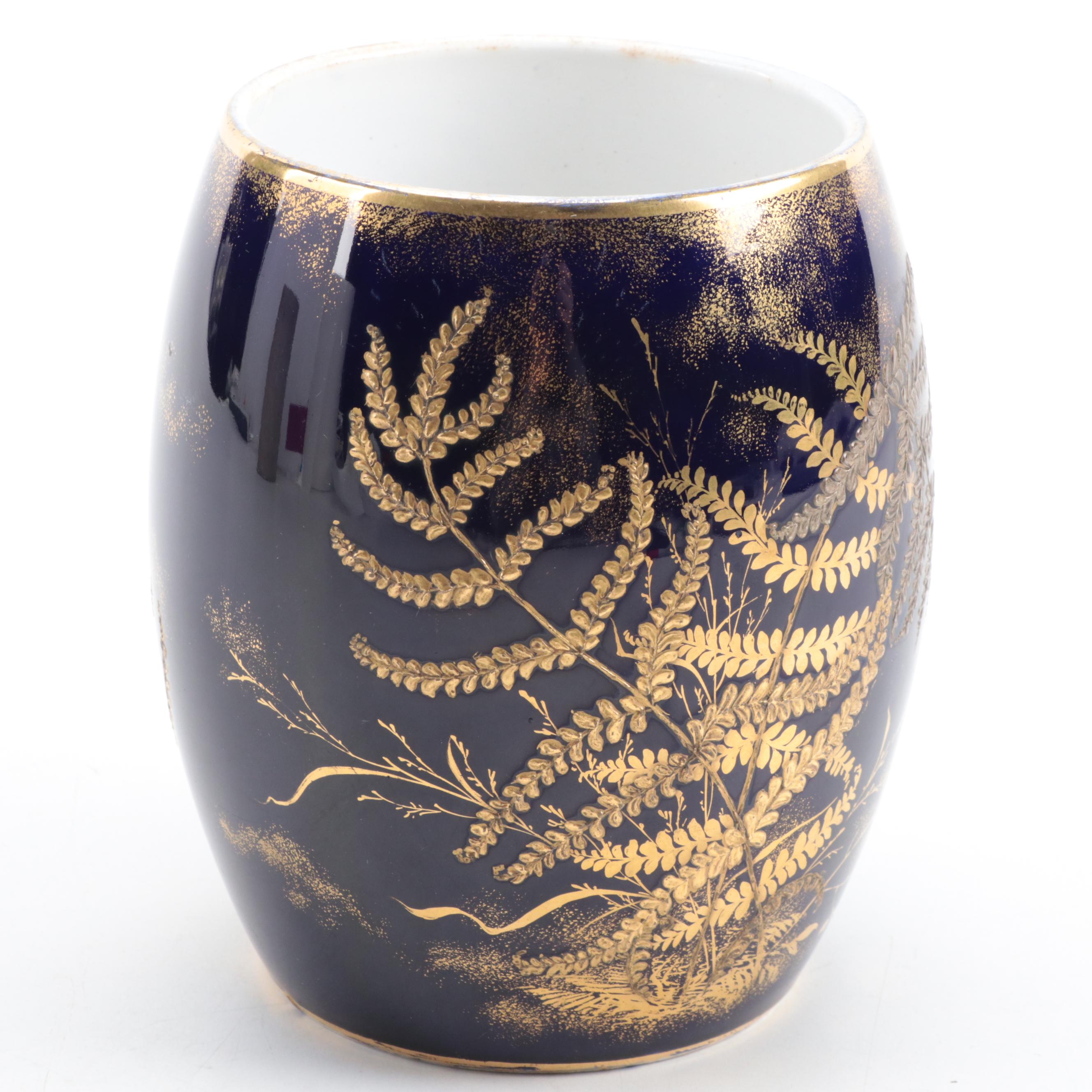 Waechtersbach Hand-Painted Gilt and Cobalt Fern Motif Porcelain Vase