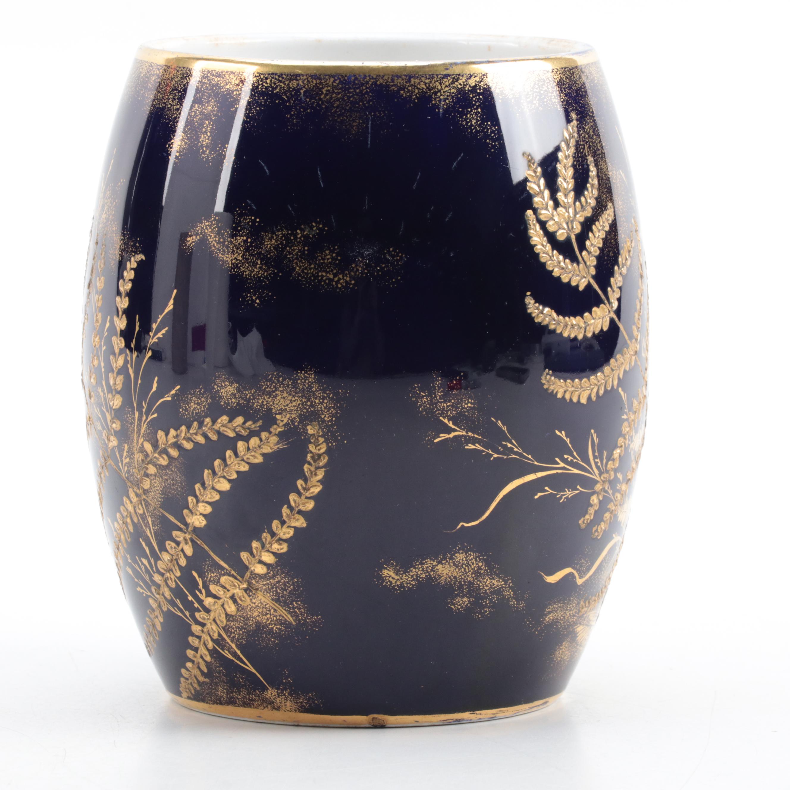 Waechtersbach Hand-Painted Gilt and Cobalt Fern Motif Porcelain Vase