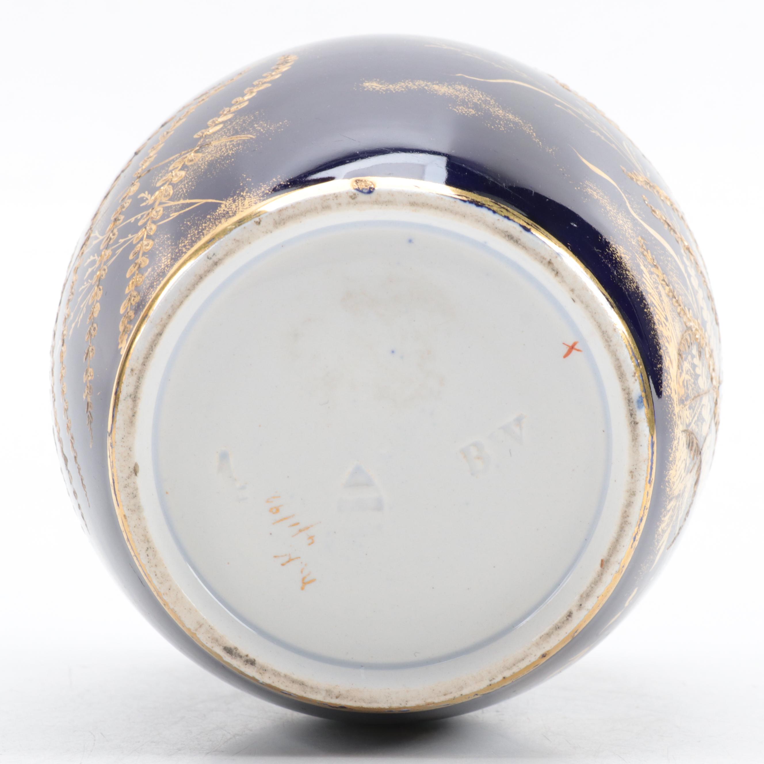 Waechtersbach Hand-Painted Gilt and Cobalt Fern Motif Porcelain Vase