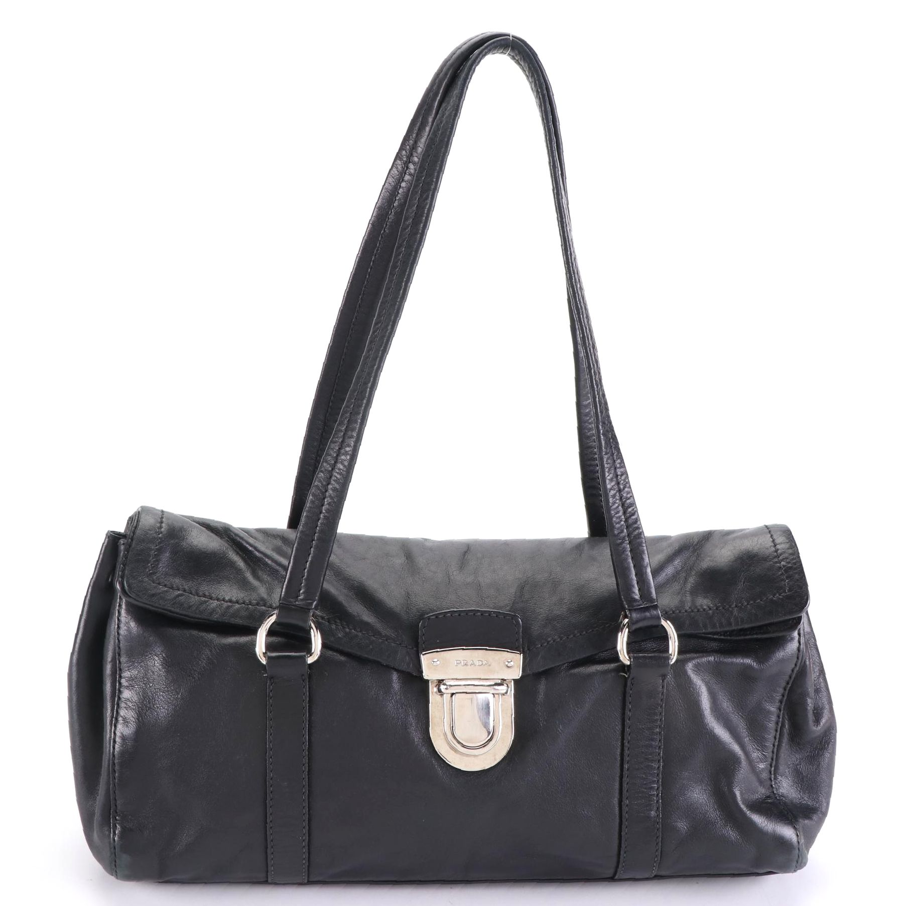 Prada Small Push-Lock Shoulder Bag in Black Calfskin Leather