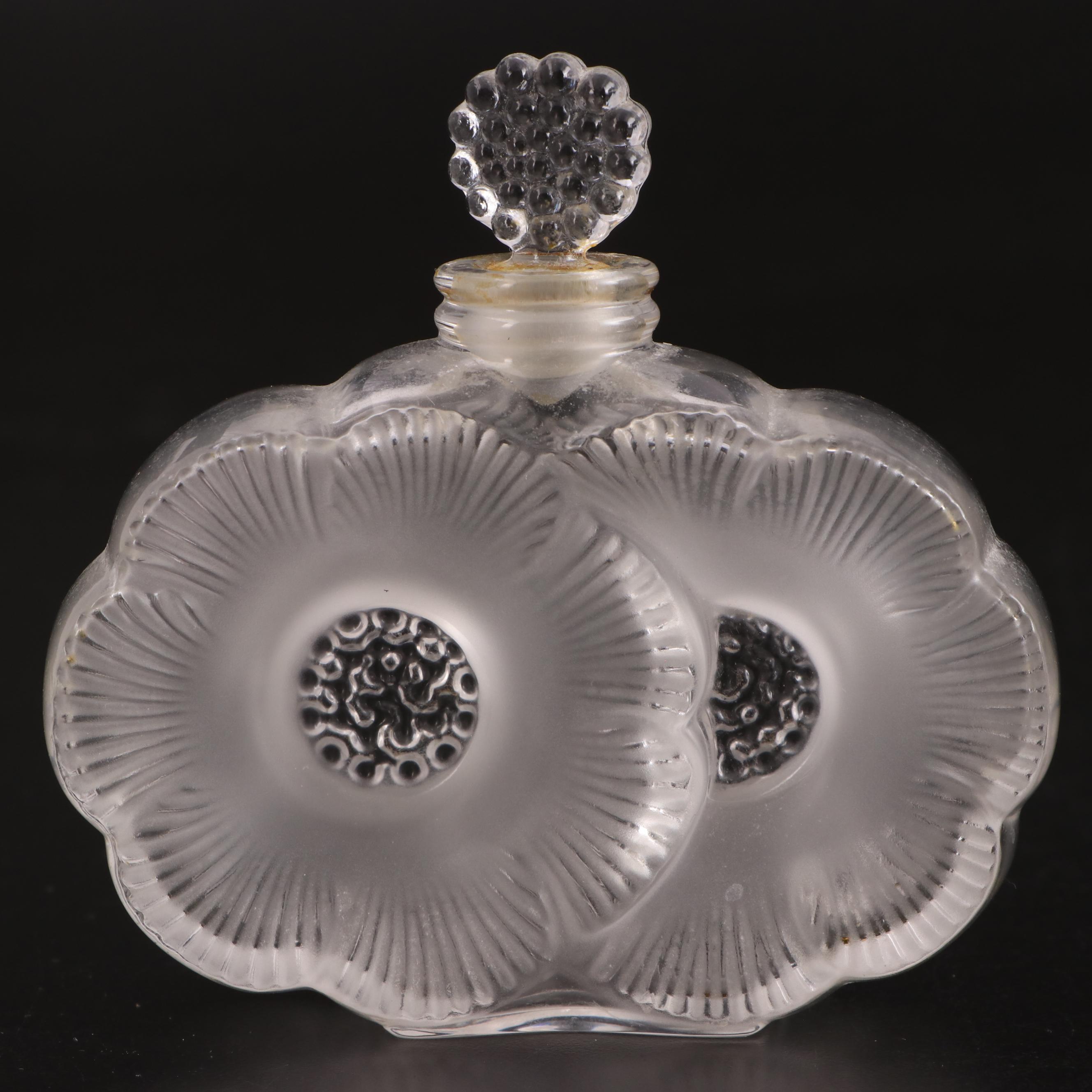 Lalique "Deux Fleurs" Frosted Crystal Glass Perfume Bottle, Mid-20th Century