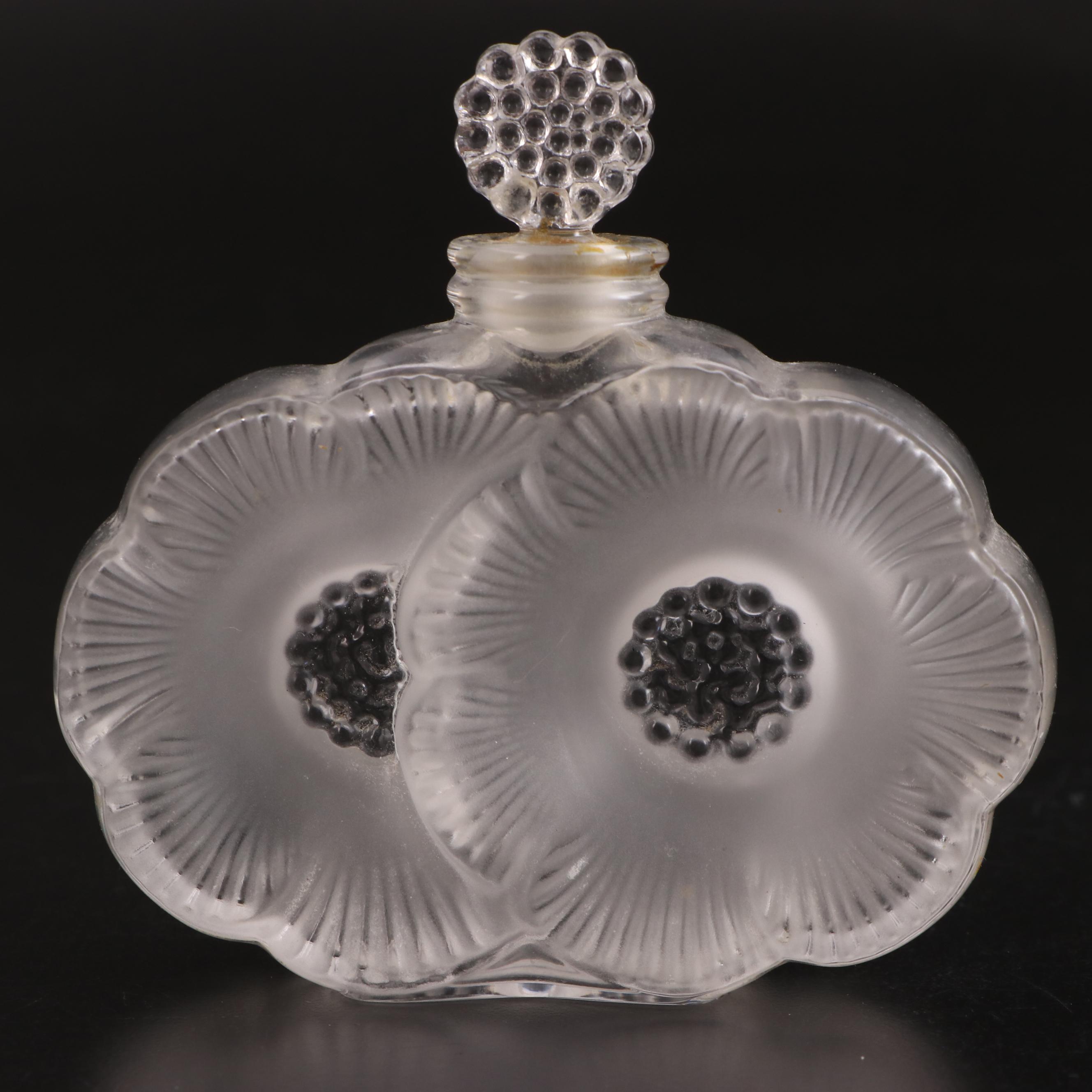 Lalique "Deux Fleurs" Frosted Crystal Glass Perfume Bottle, Mid-20th Century