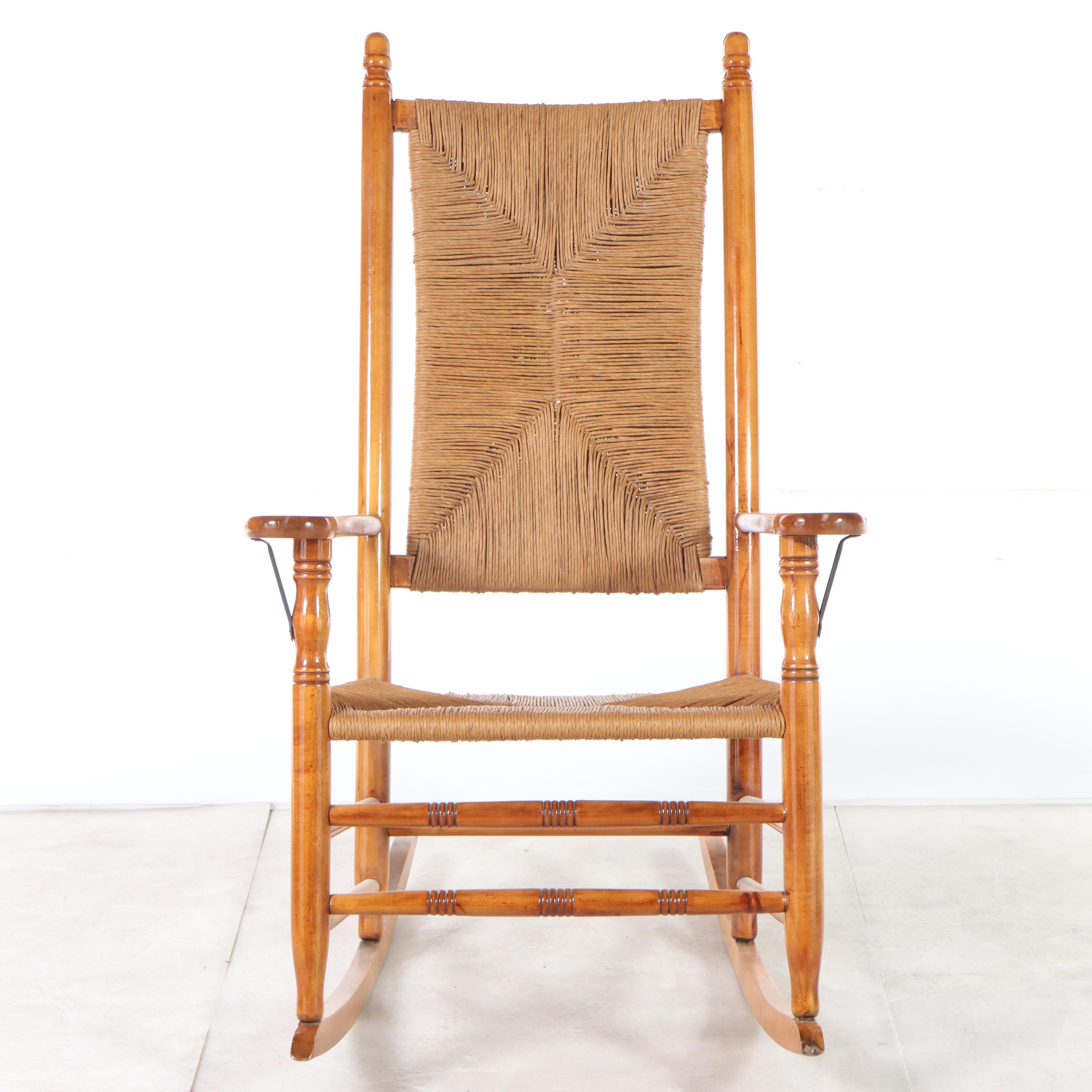 American Primitive Style Maple and Rush-Woven Rocker, Late 20th Century