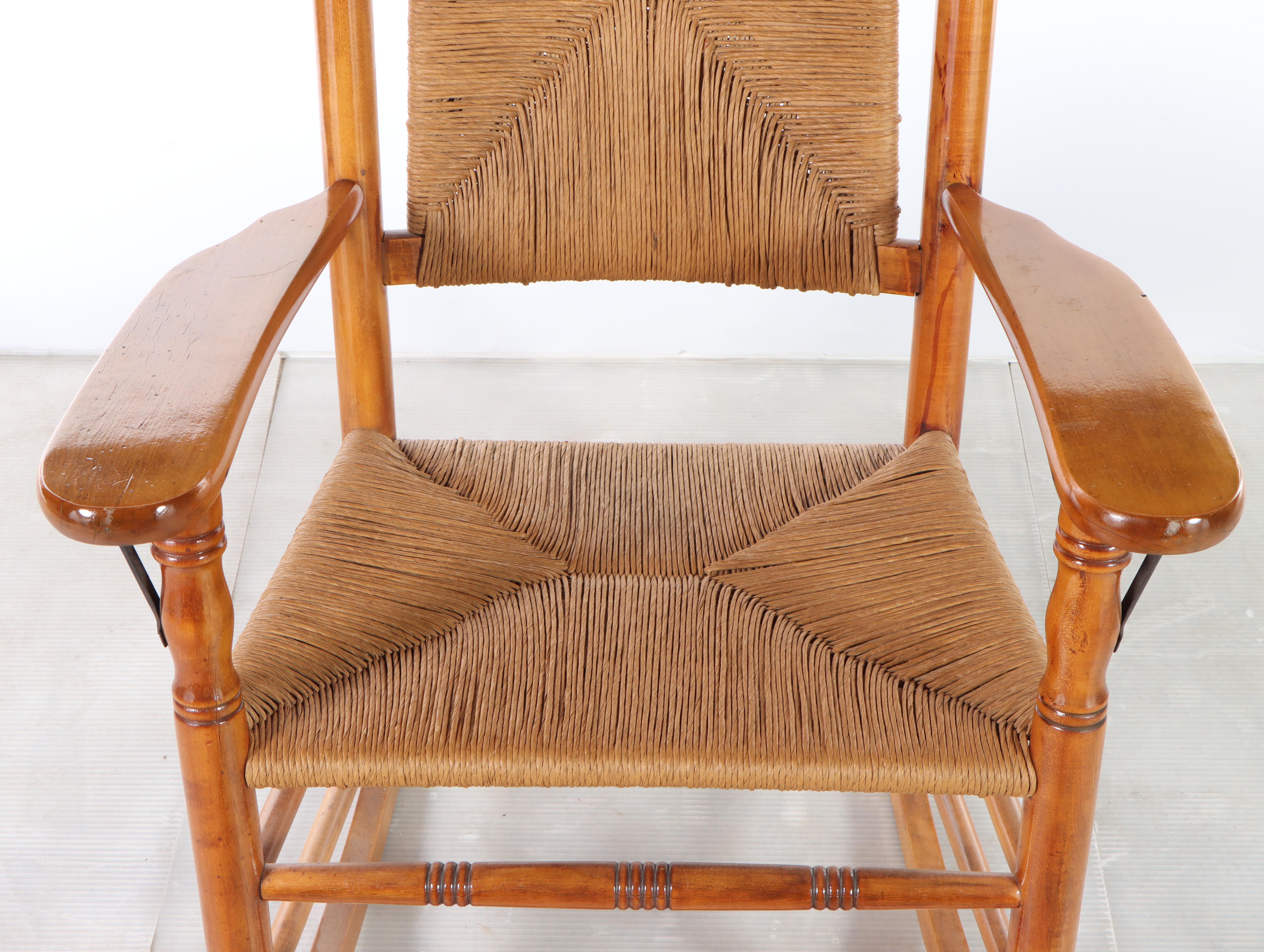 American Primitive Style Maple and Rush-Woven Rocker, Late 20th Century