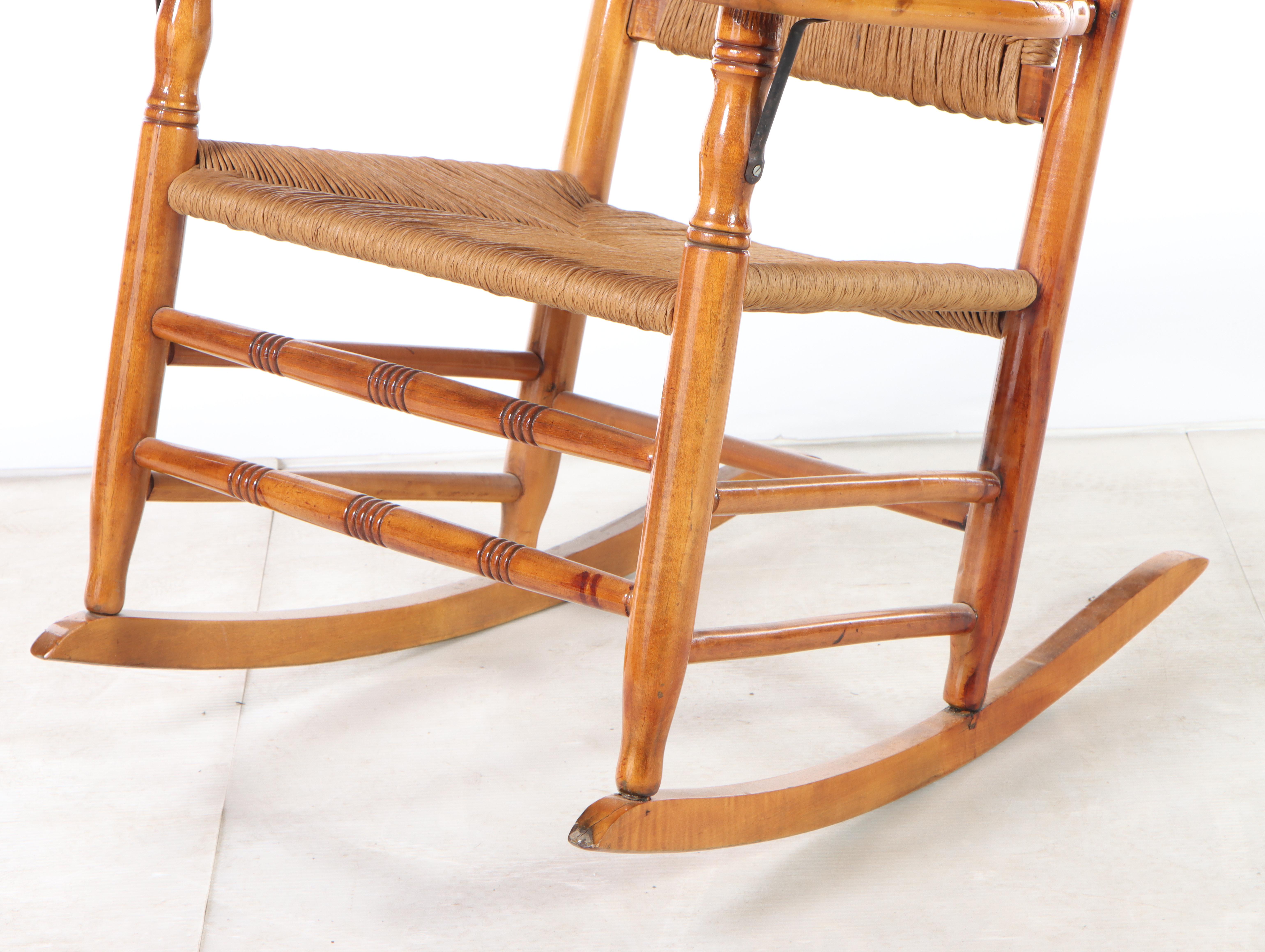 American Primitive Style Maple and Rush-Woven Rocker, Late 20th Century