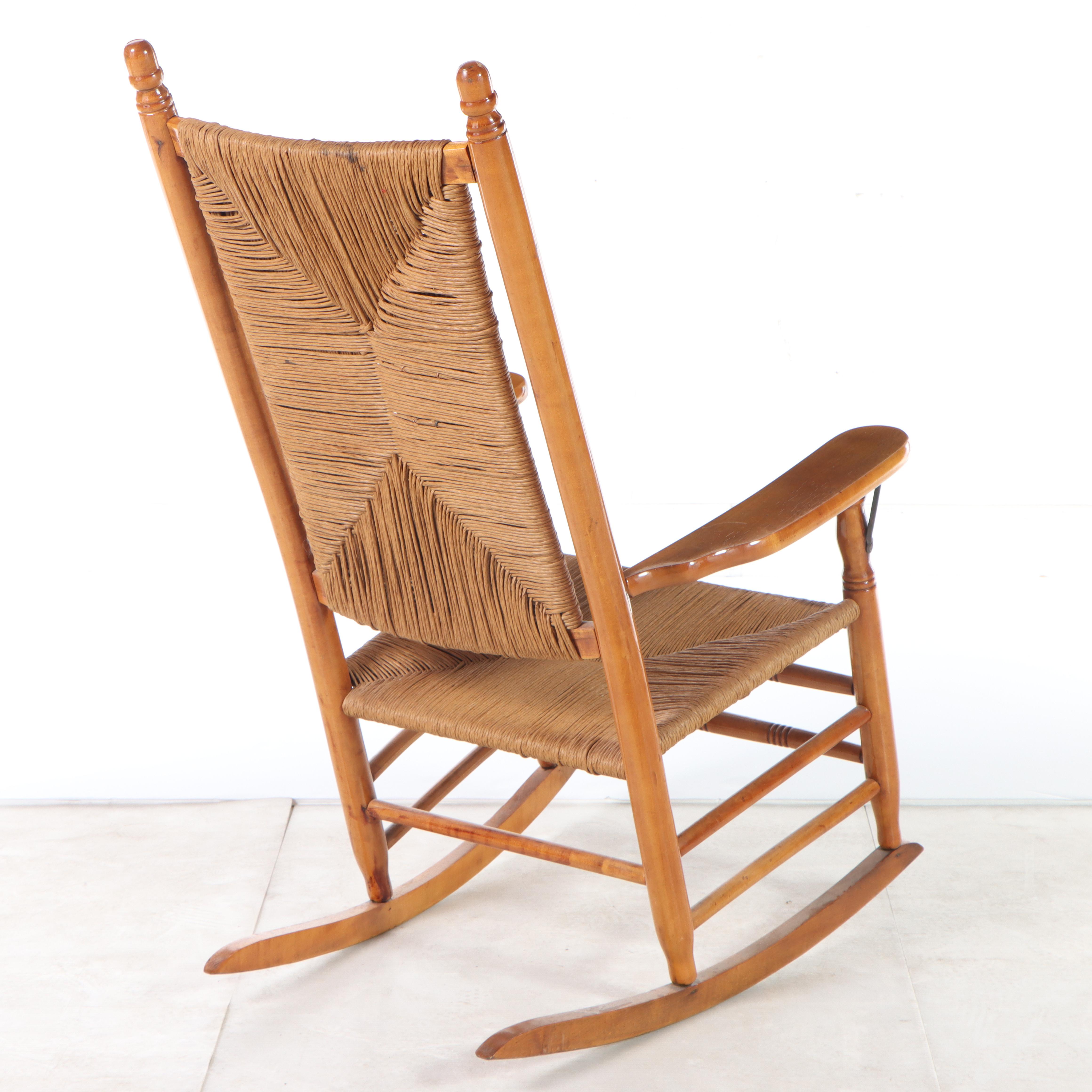 American Primitive Style Maple and Rush-Woven Rocker, Late 20th Century