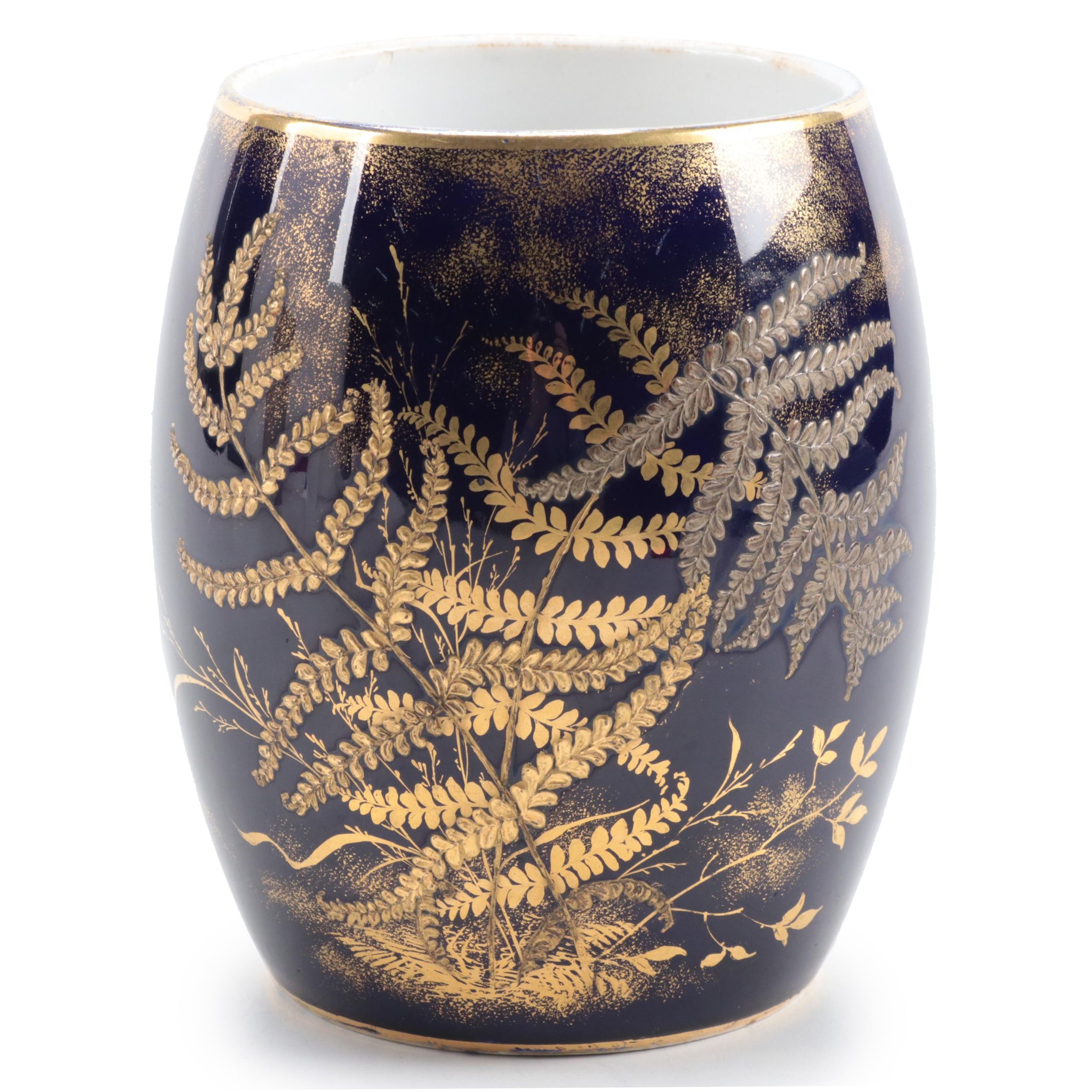 Waechtersbach Hand-Painted Gilt and Cobalt Fern Motif Porcelain Vase