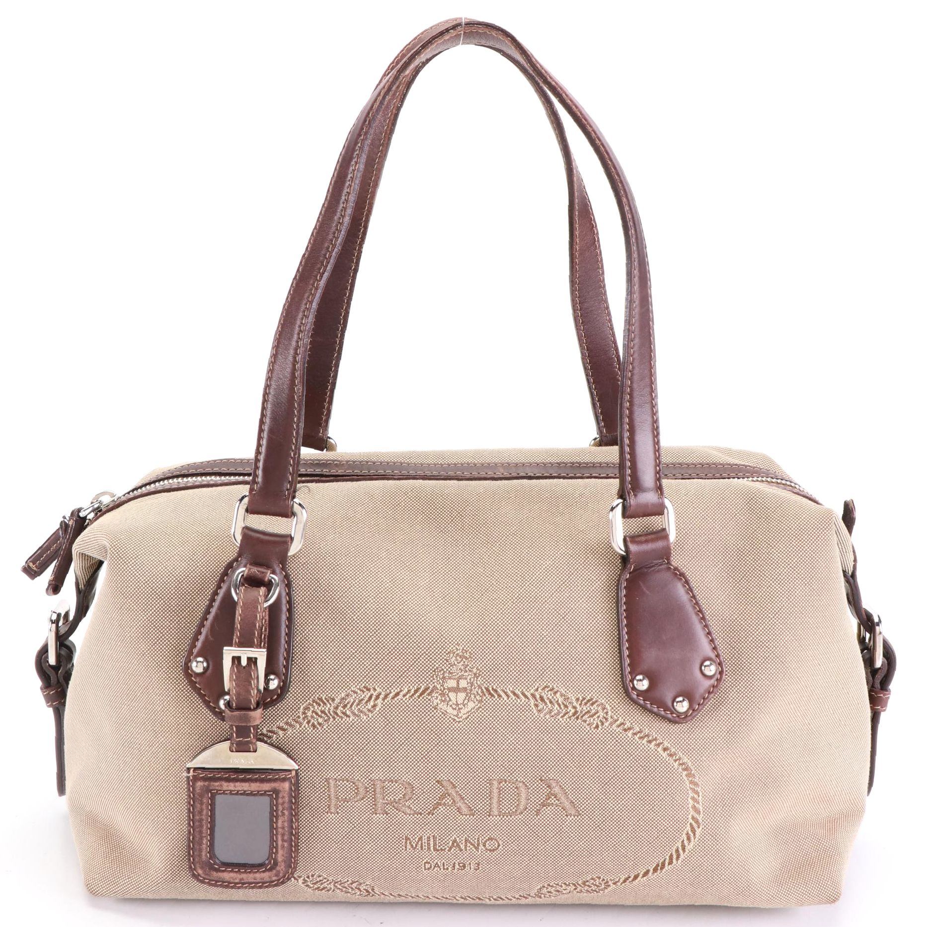 Prada Medium Zip Bauletto Bag in Logo Jaquard Canvas and Brown Leather