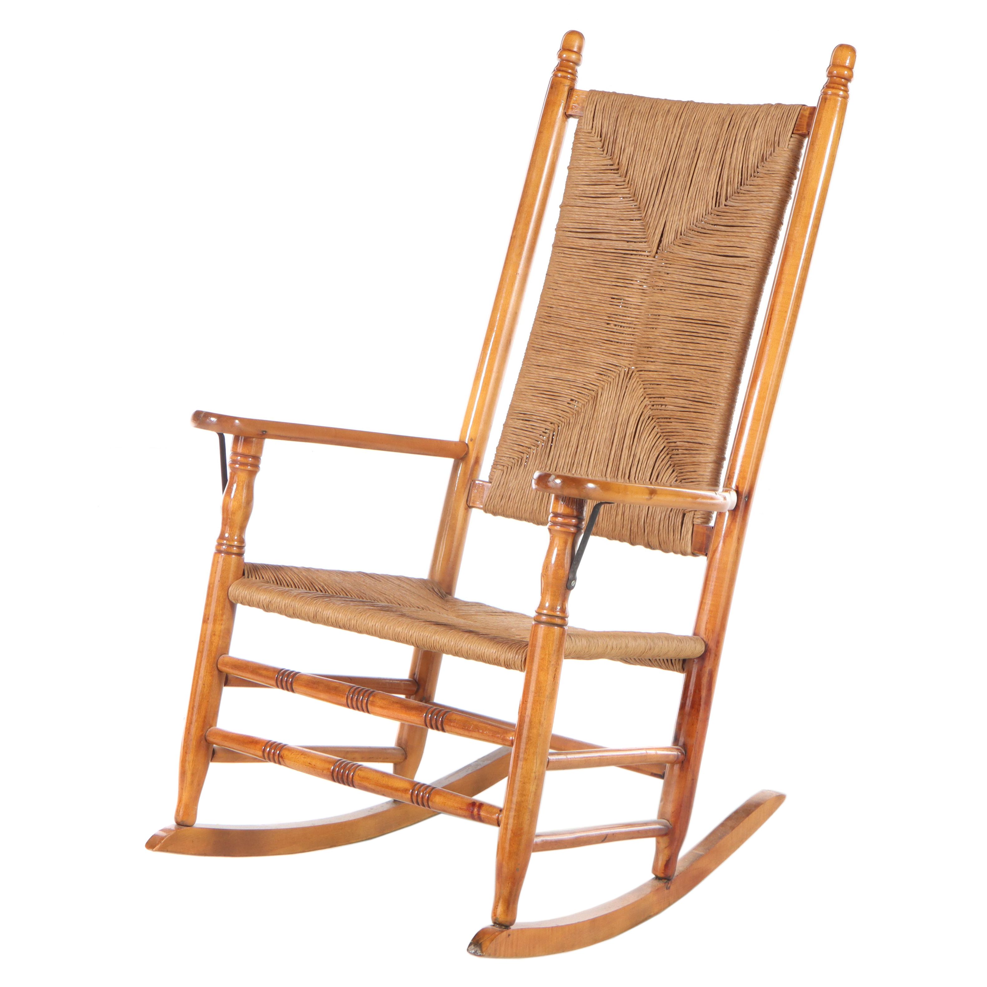 American Primitive Style Maple and Rush-Woven Rocker, Late 20th Century