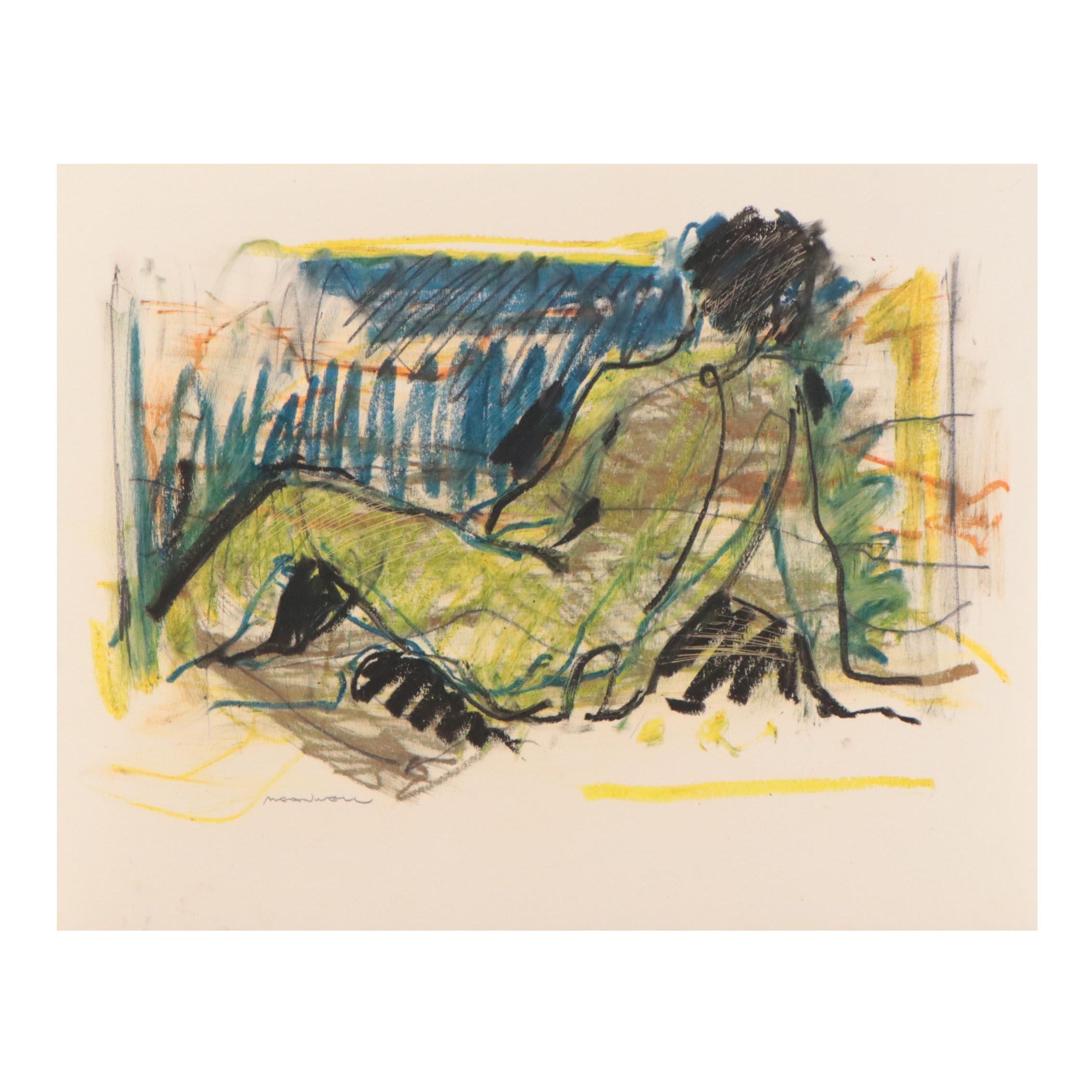 Jack Meanwell Expressionist Oil Pastel Figure Drawing, Circa 1980