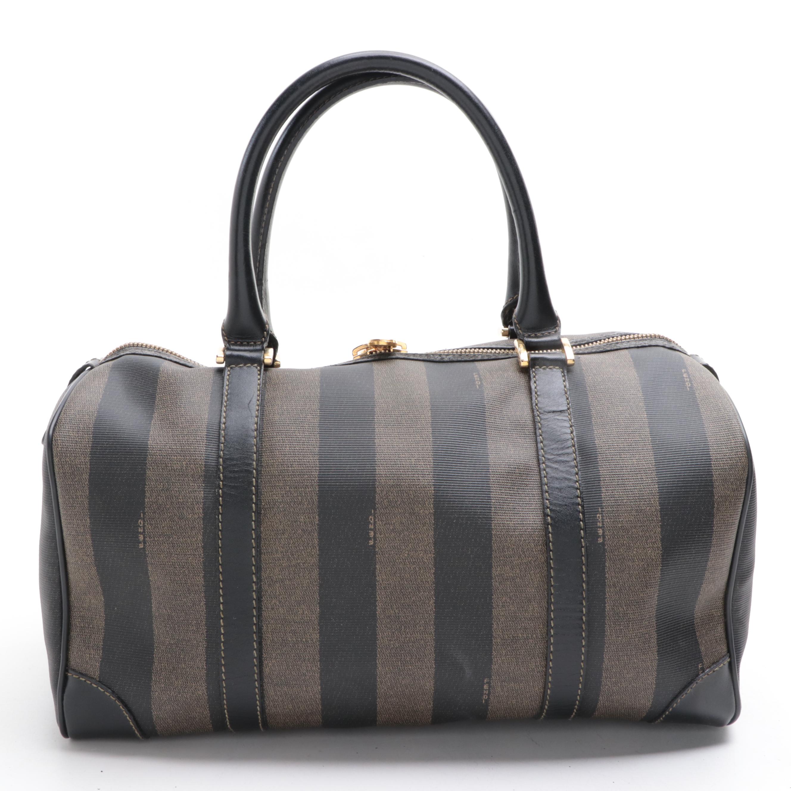 Fendi Boston Bag in Pequin Stripe Coated Canvas and Black Leather