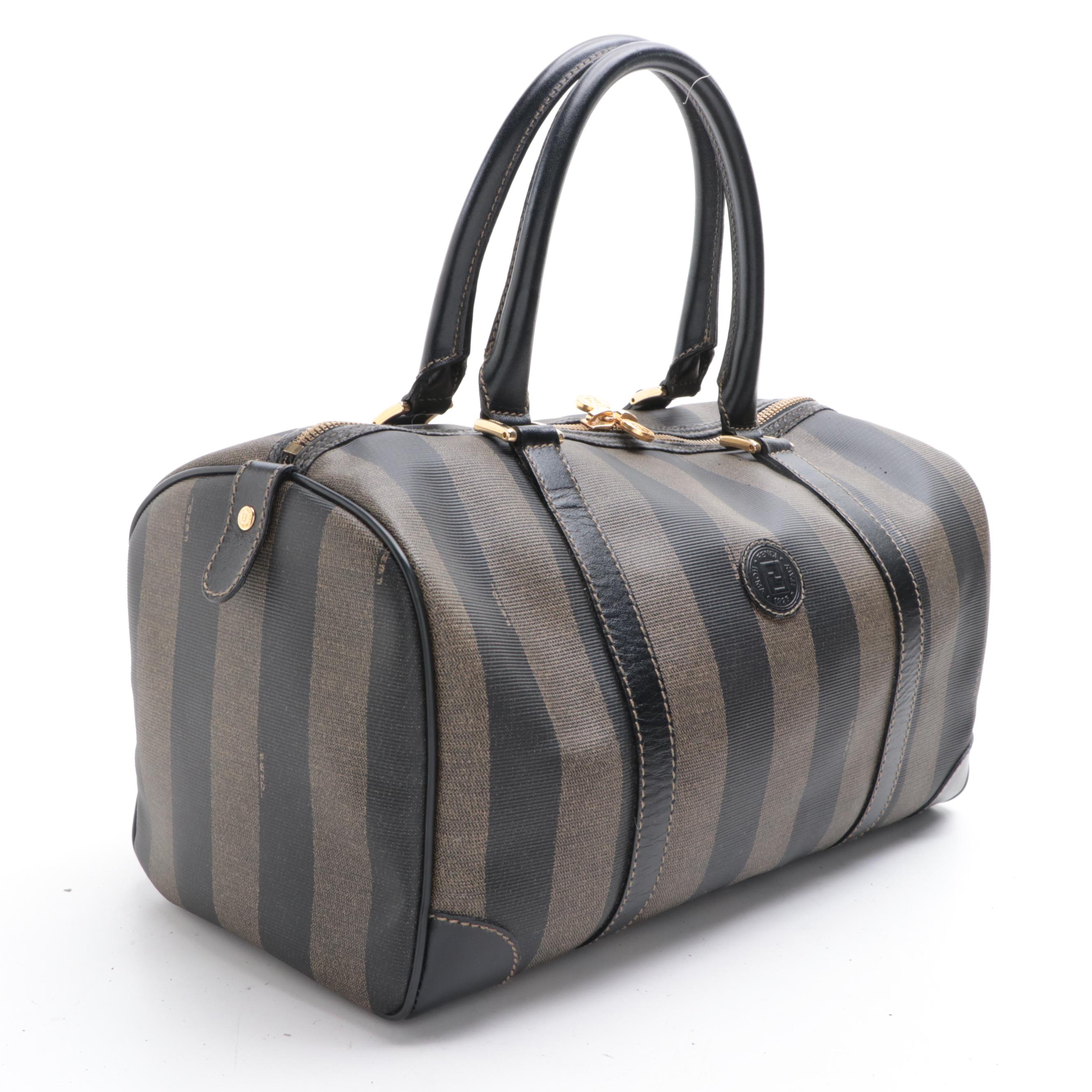 Fendi Boston Bag in Pequin Stripe Coated Canvas and Black Leather