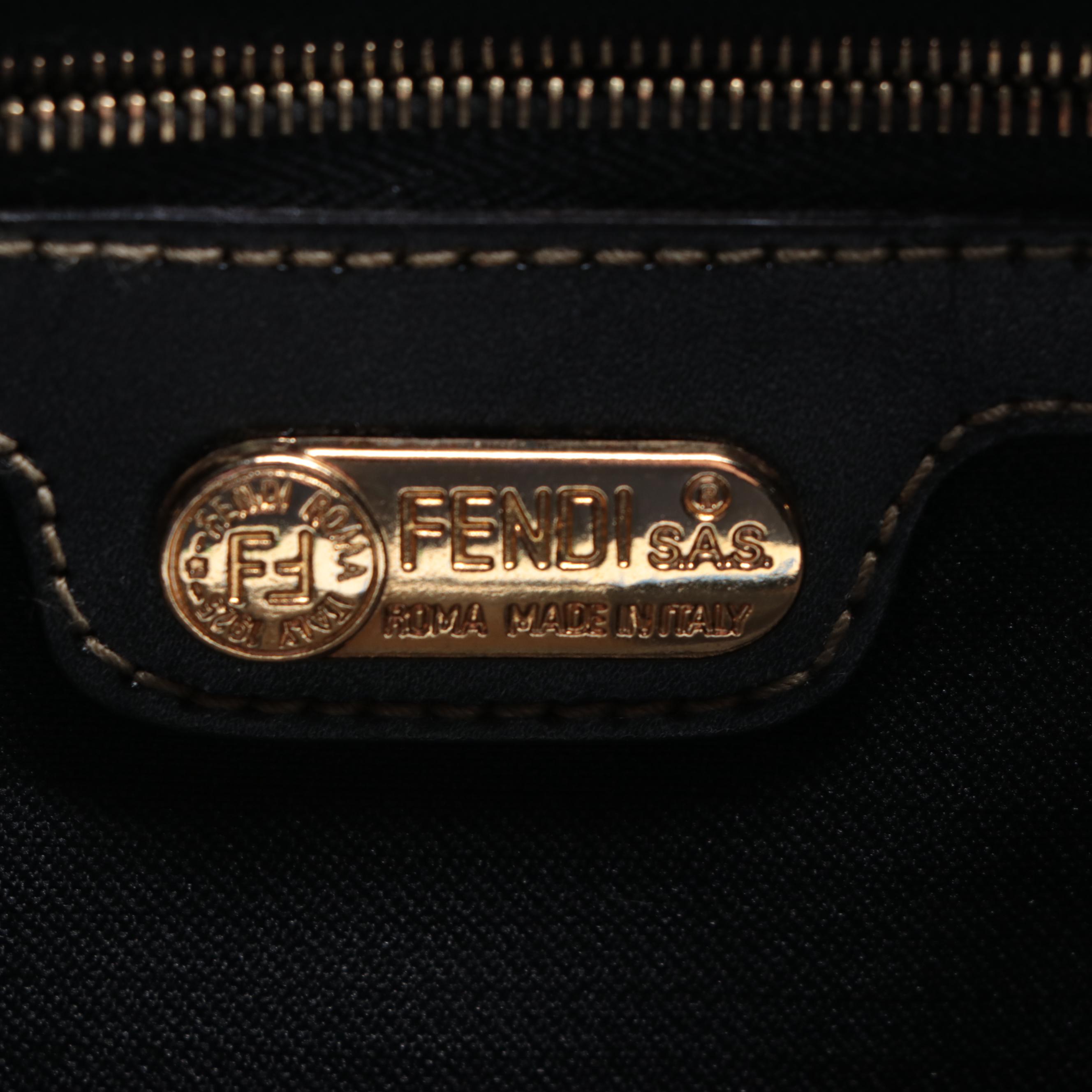 Fendi Boston Bag in Pequin Stripe Coated Canvas and Black Leather