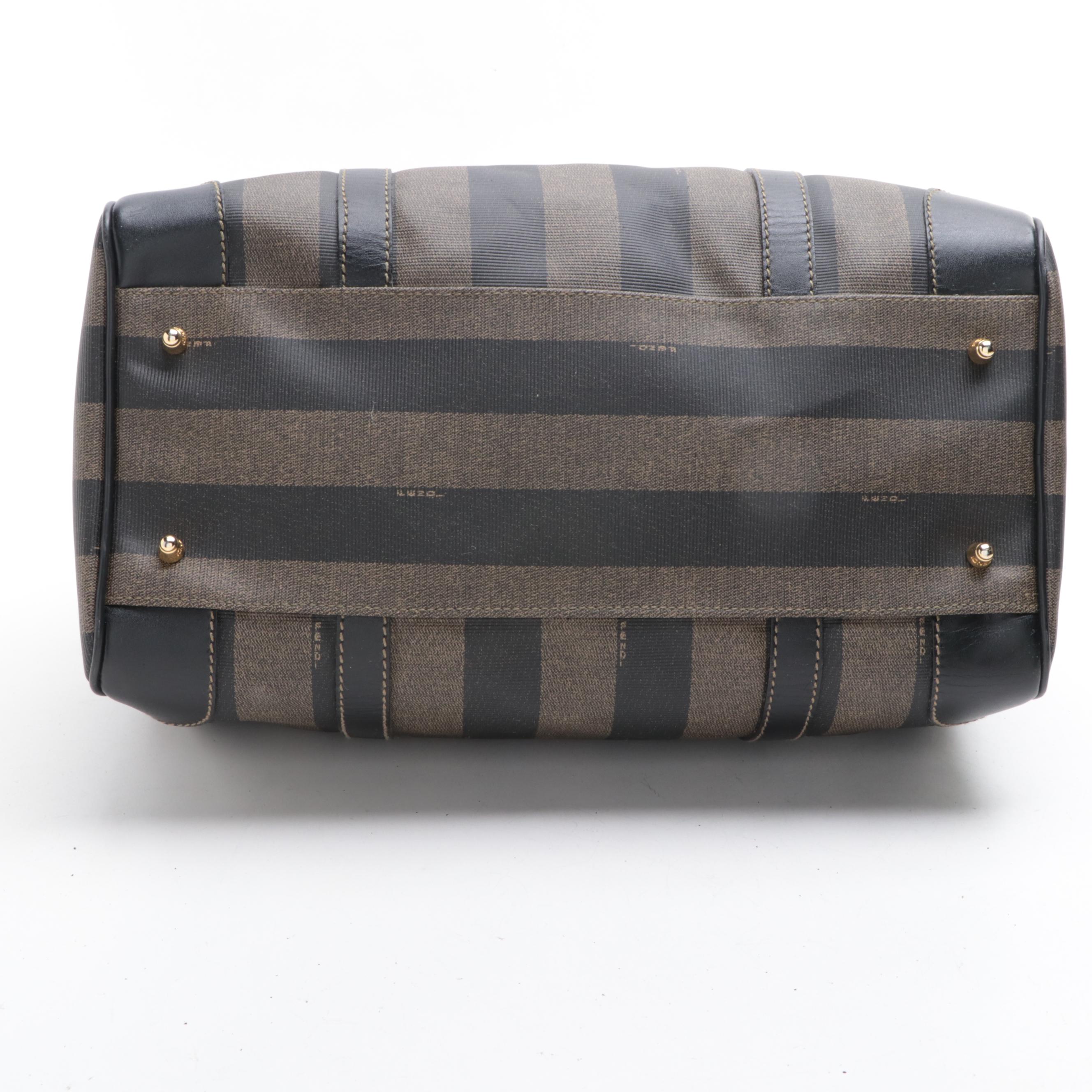 Fendi Boston Bag in Pequin Stripe Coated Canvas and Black Leather