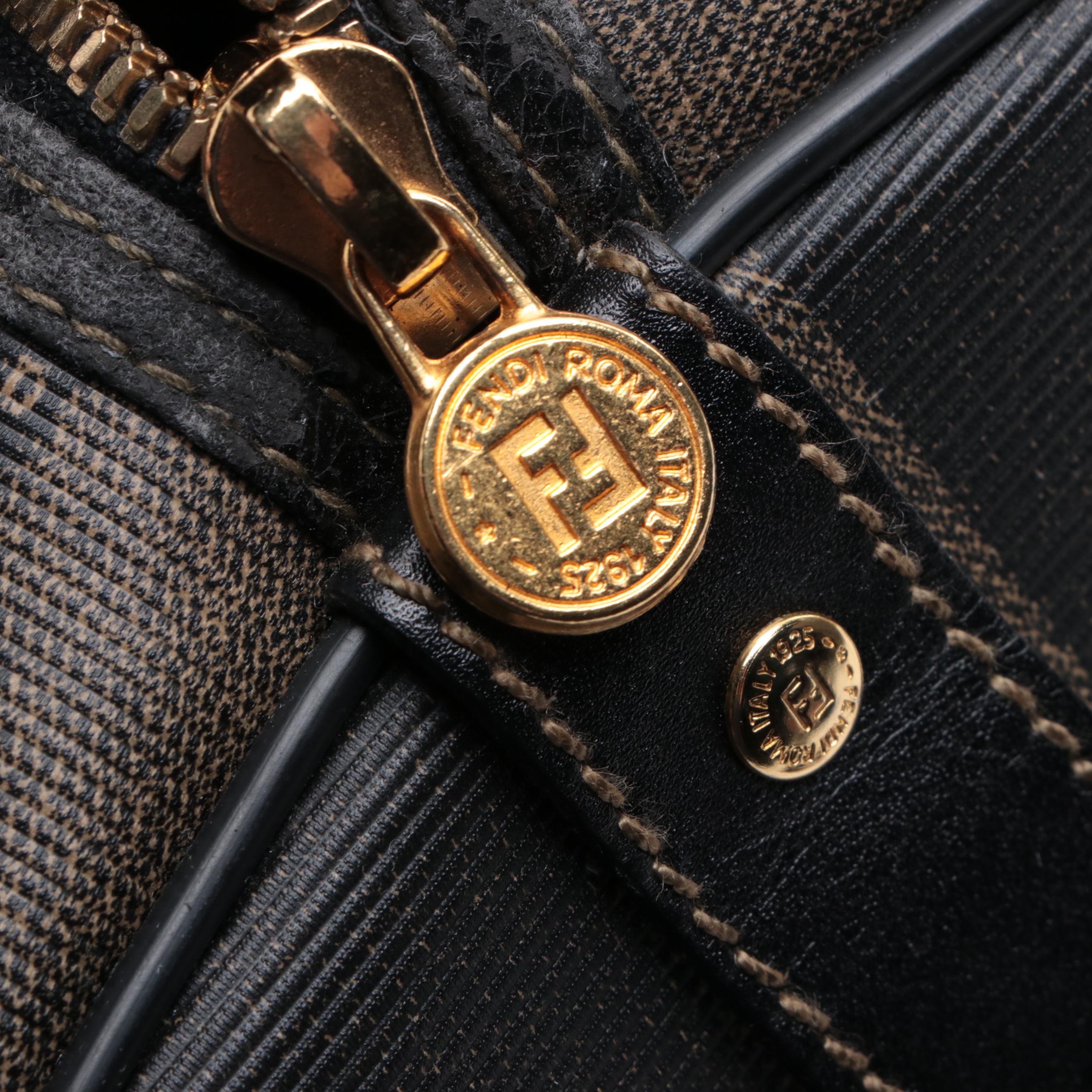 Fendi Boston Bag in Pequin Stripe Coated Canvas and Black Leather