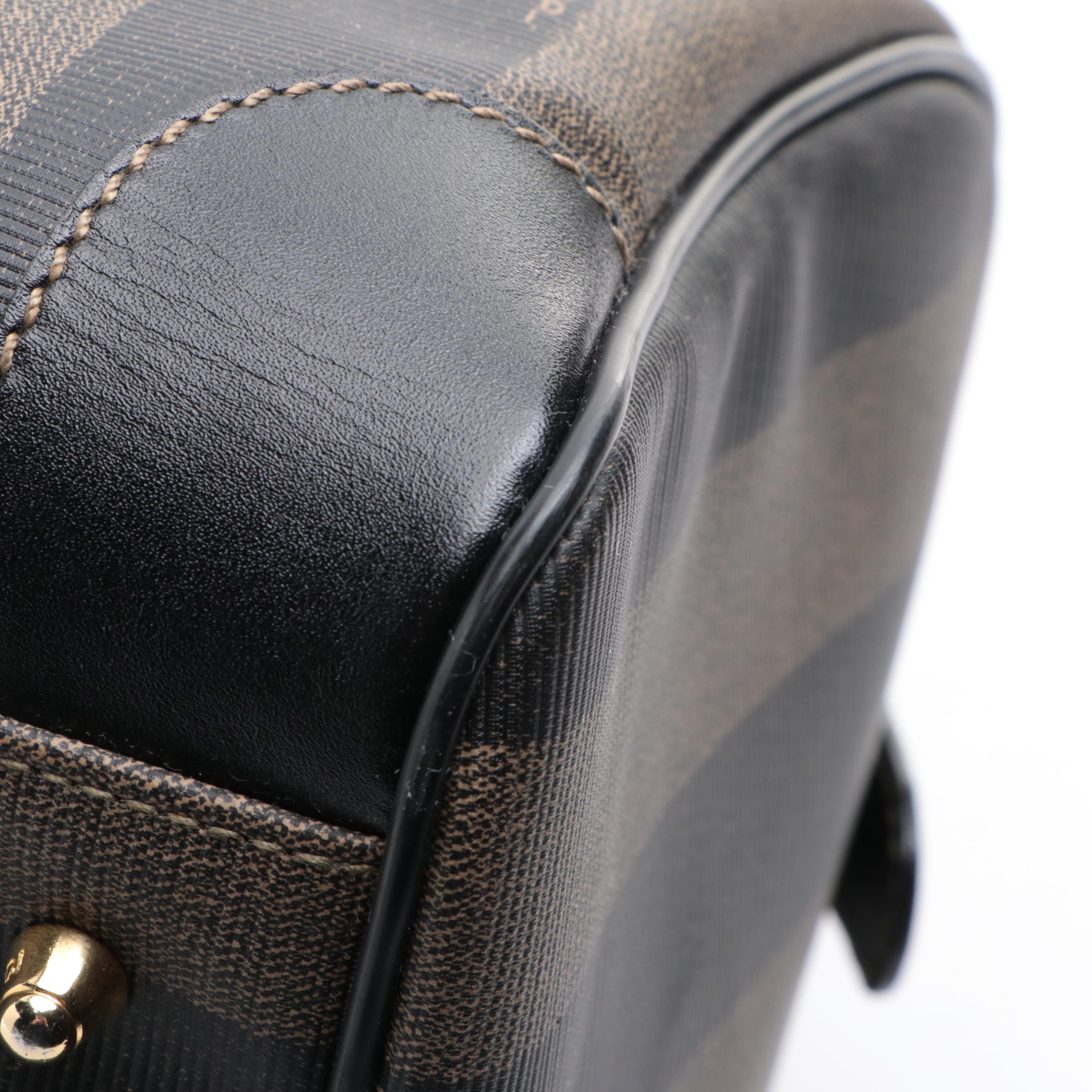 Fendi Boston Bag in Pequin Stripe Coated Canvas and Black Leather