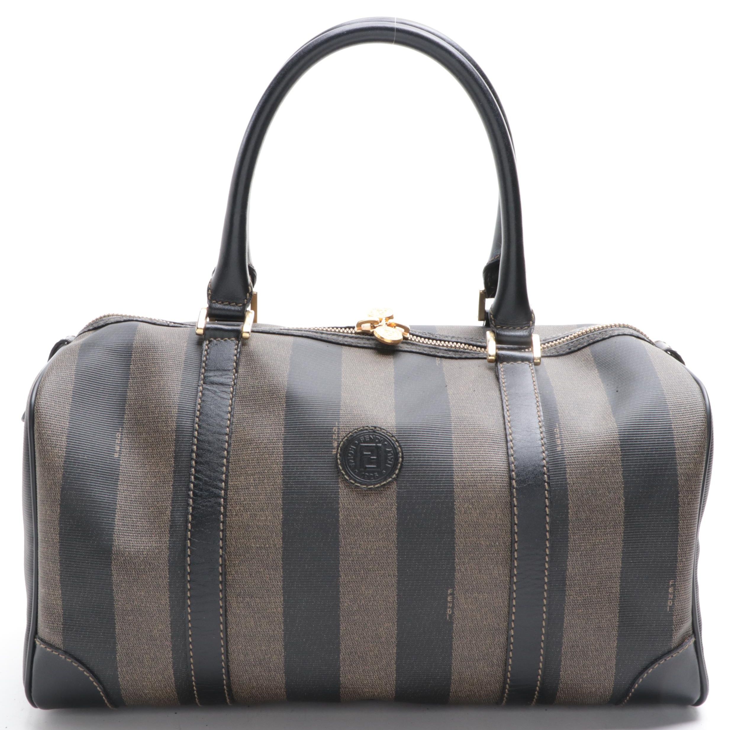 Fendi Boston Bag in Pequin Stripe Coated Canvas and Black Leather