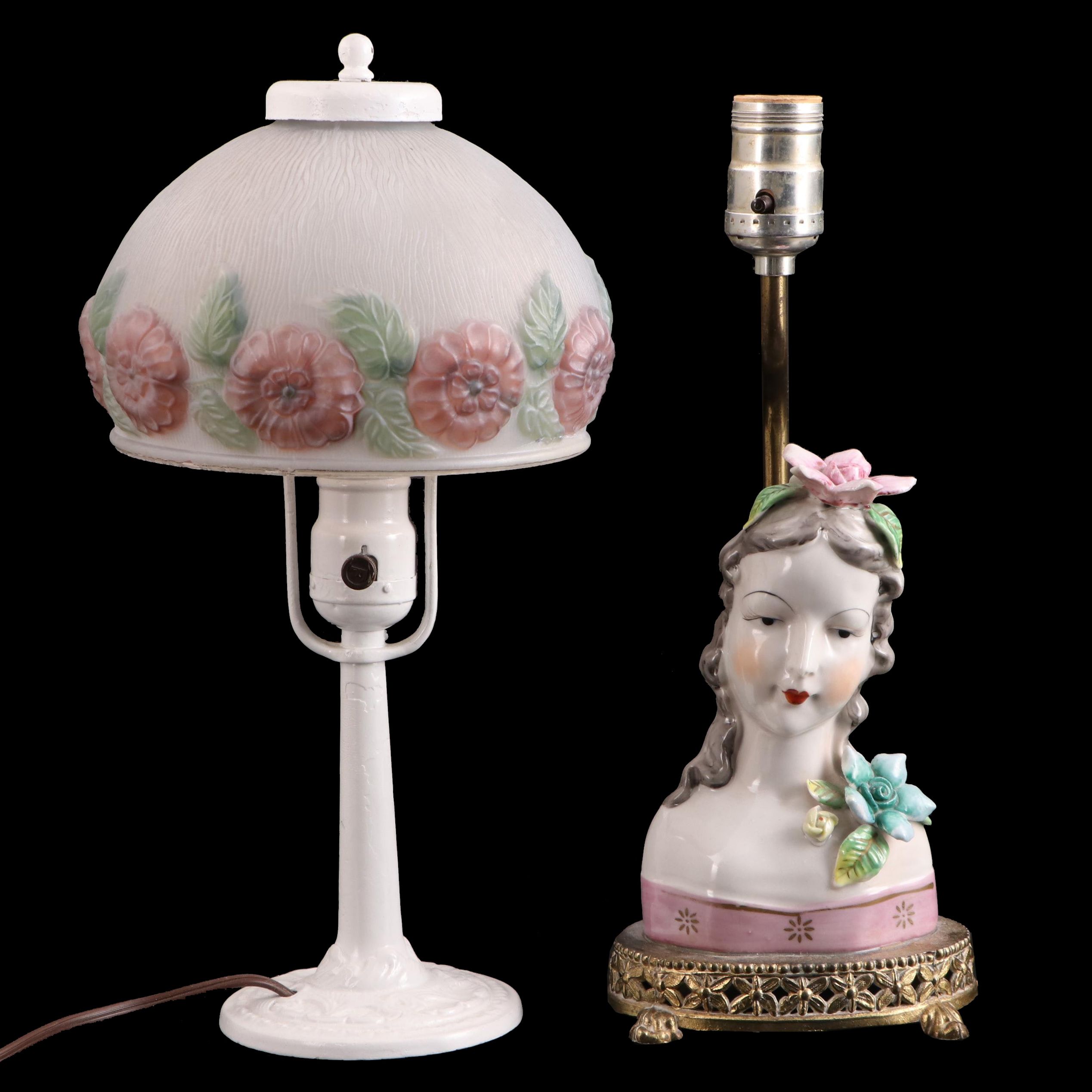 Boudoir Lamps, One Aladdin with Puffy Glass and Another with China Head Base