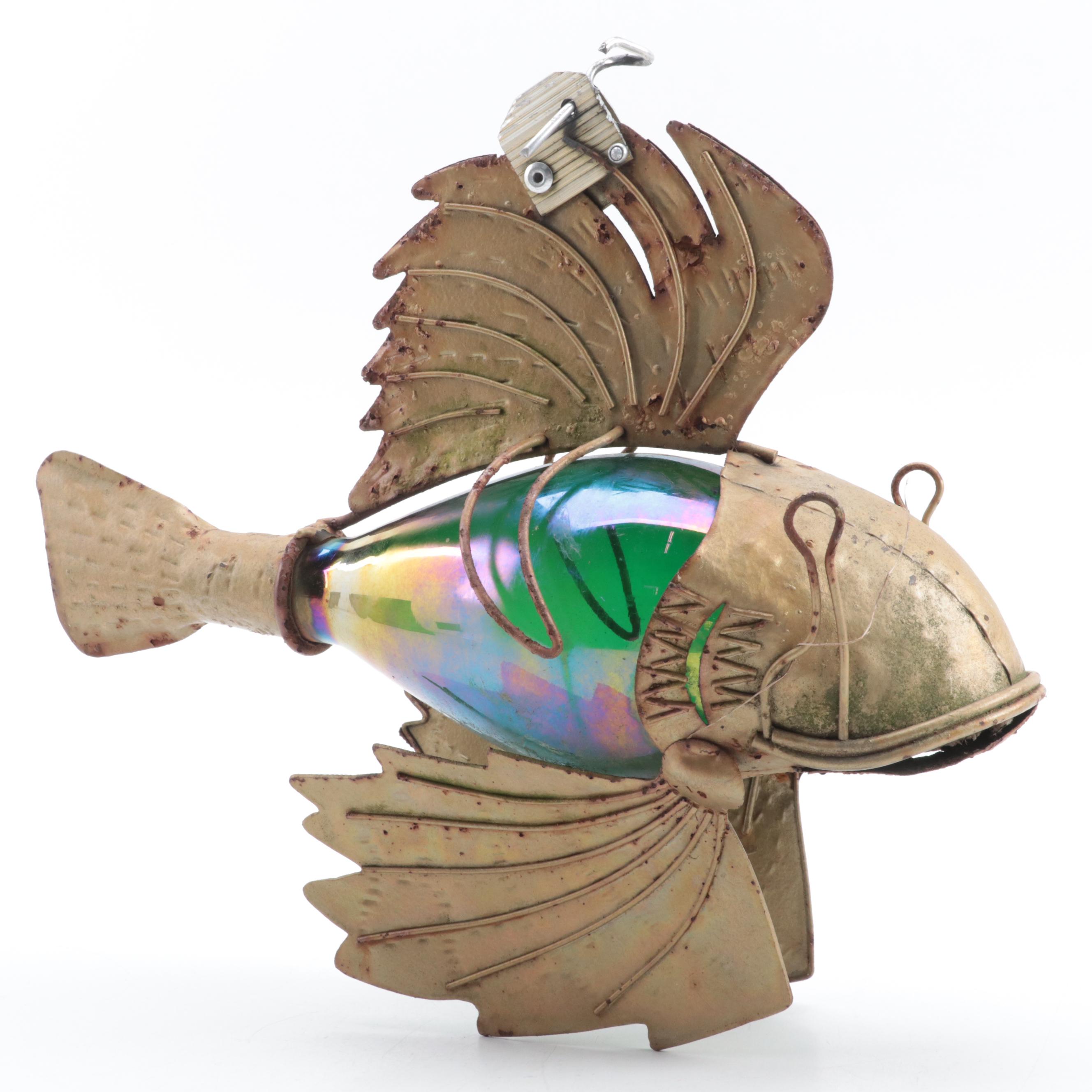 Folk Art Metal and Glass Decorative Fish Wall Hanging