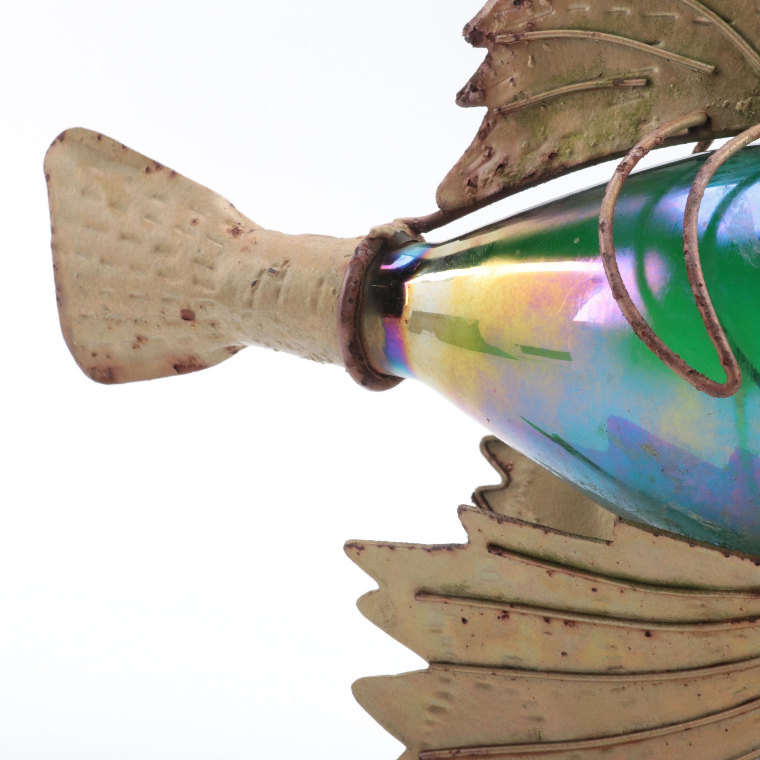 Folk Art Metal and Glass Decorative Fish Wall Hanging