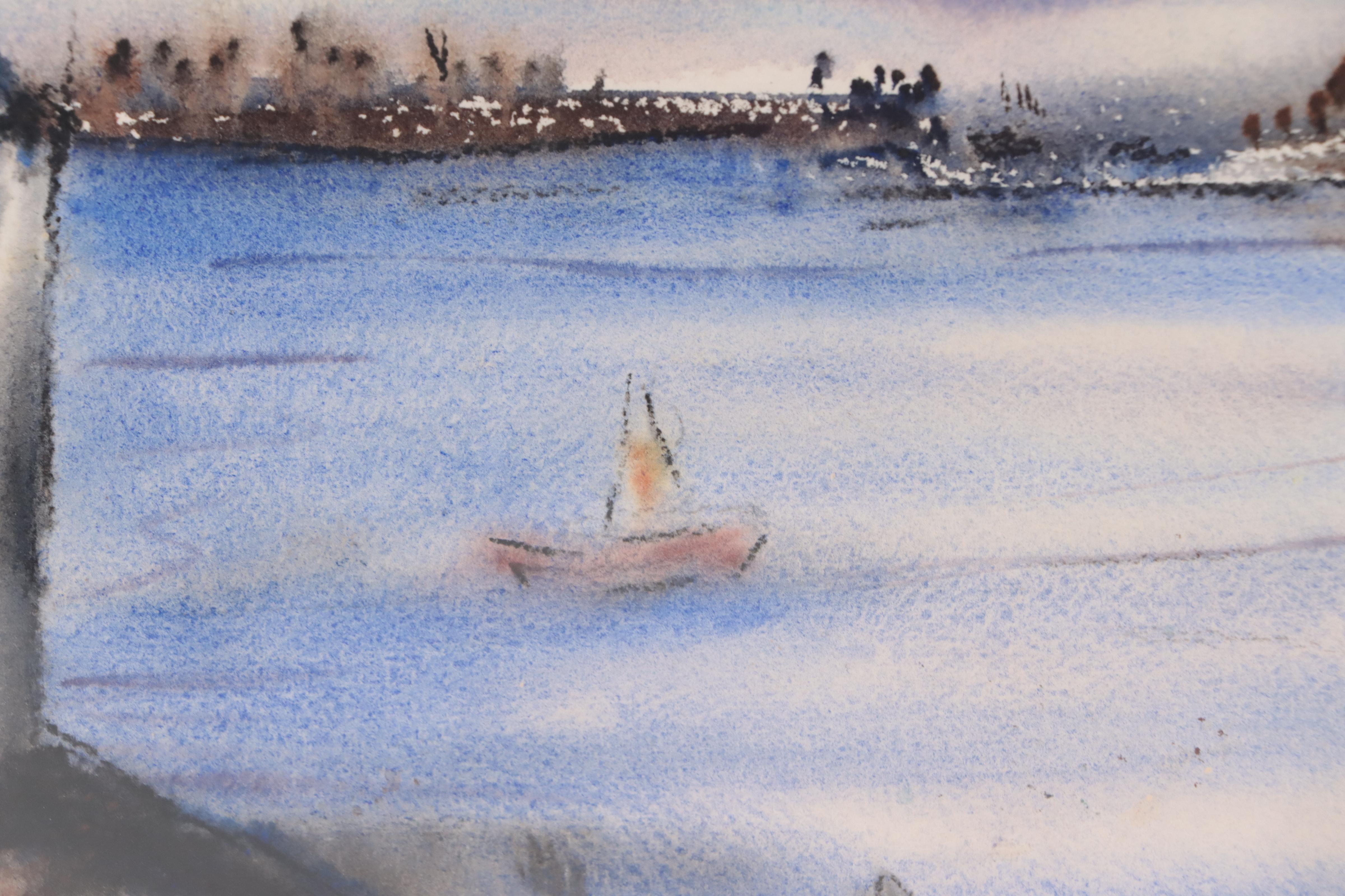 Yngve H. Olsen Modernist Harbor Scene Watercolor Painting