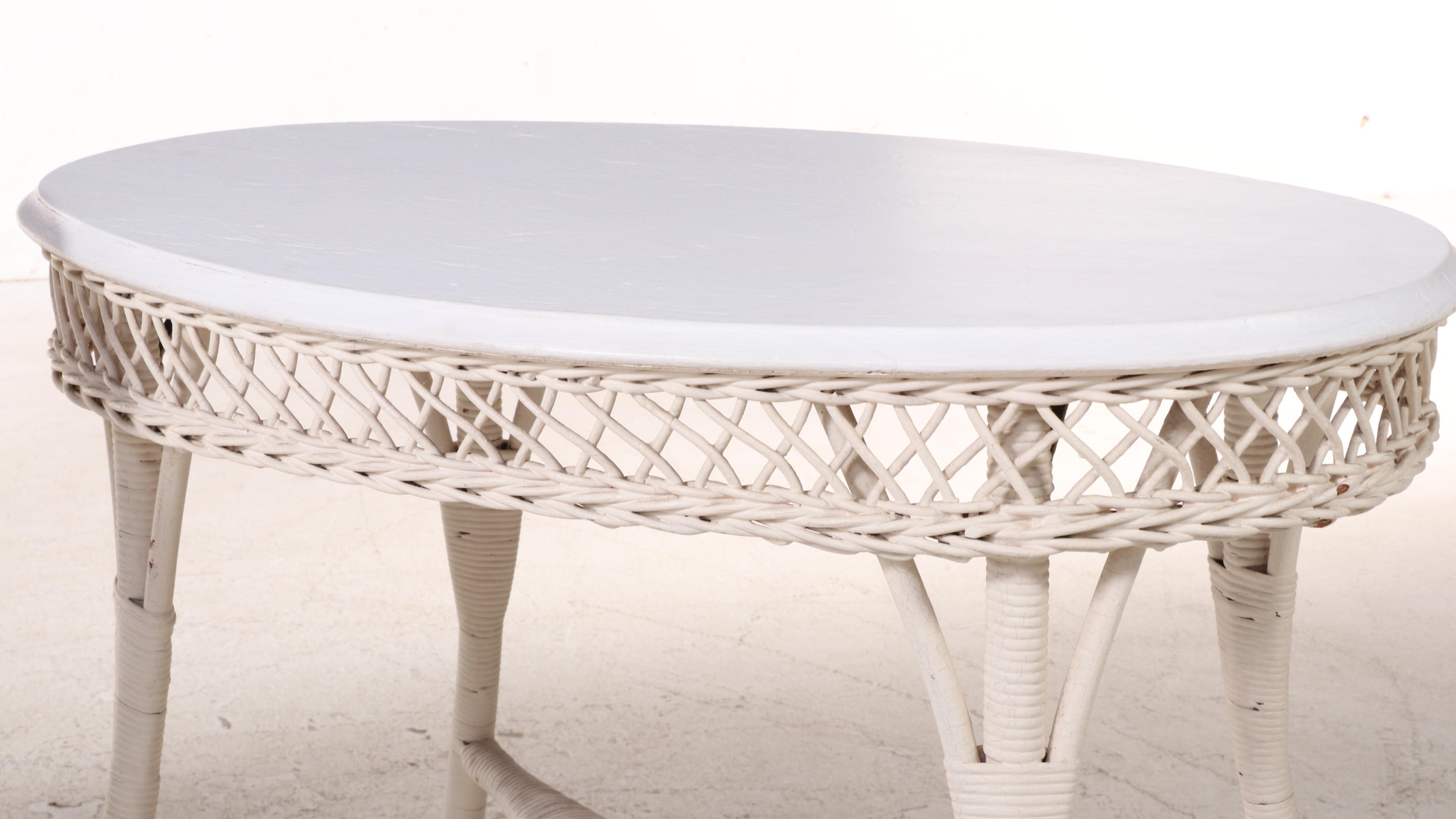 Two Rattan, Wicker and Painted Wood Top Oval Side Tables, Early to Mid 20th C.