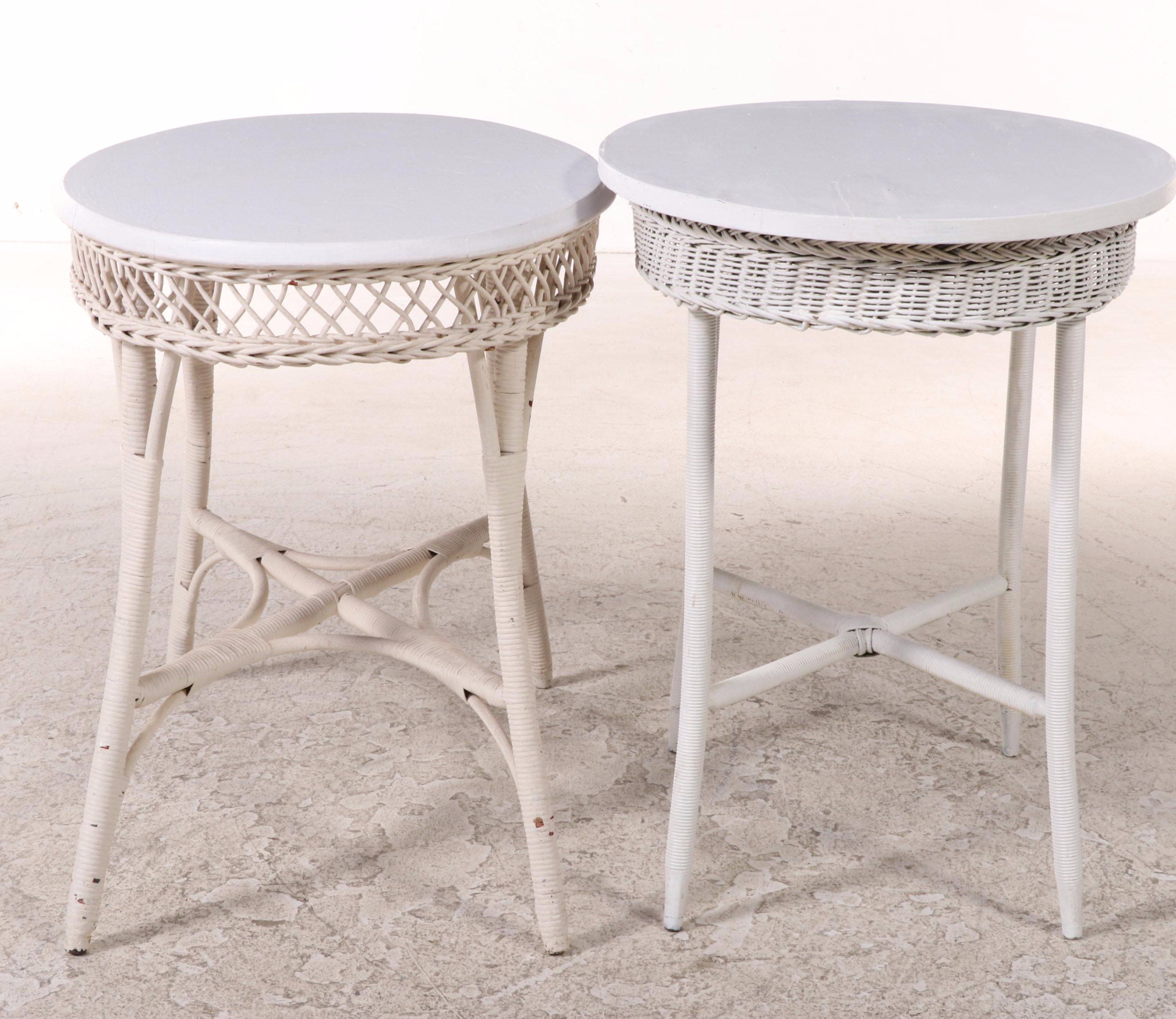 Two Rattan, Wicker and Painted Wood Top Oval Side Tables, Early to Mid 20th C.