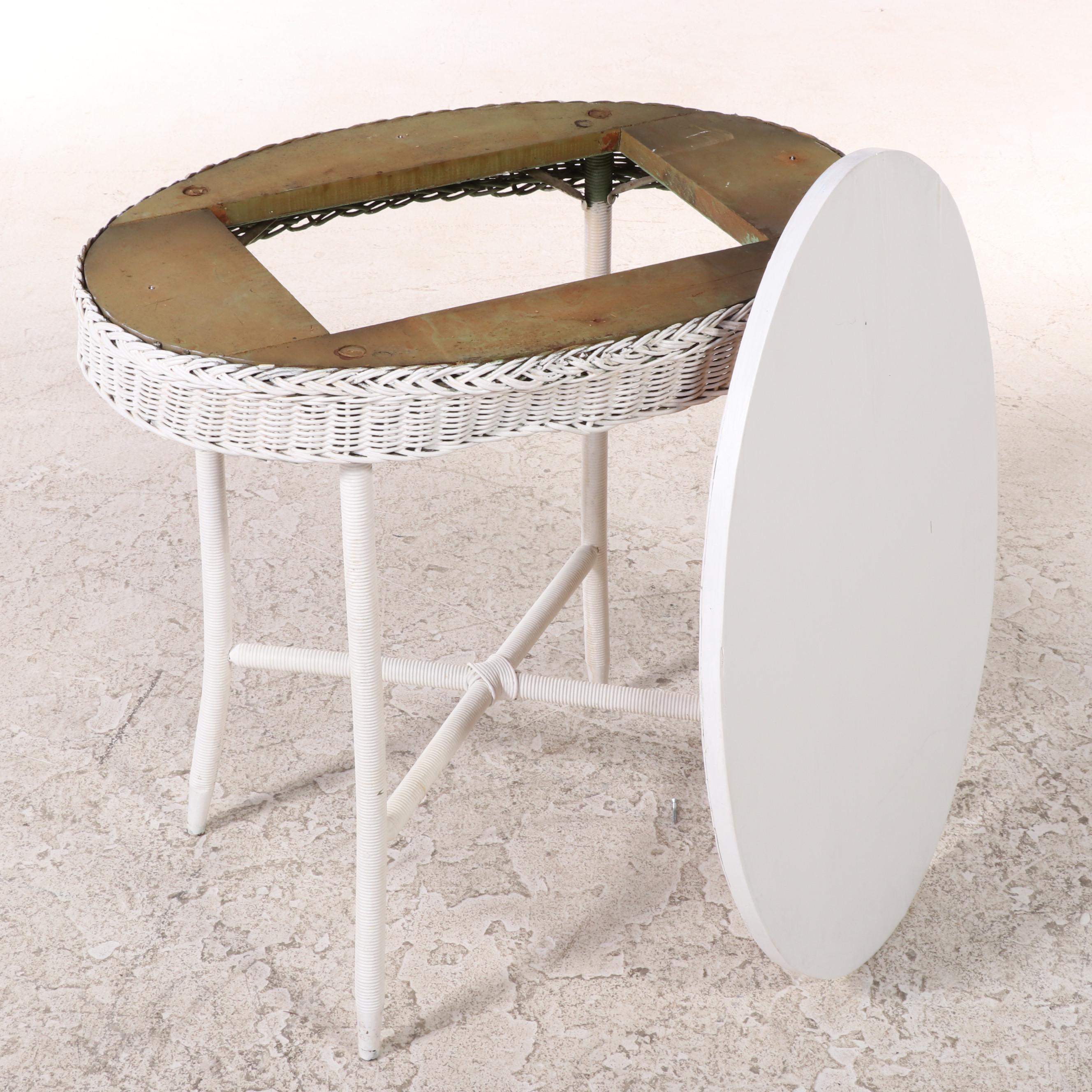 Two Rattan, Wicker and Painted Wood Top Oval Side Tables, Early to Mid 20th C.