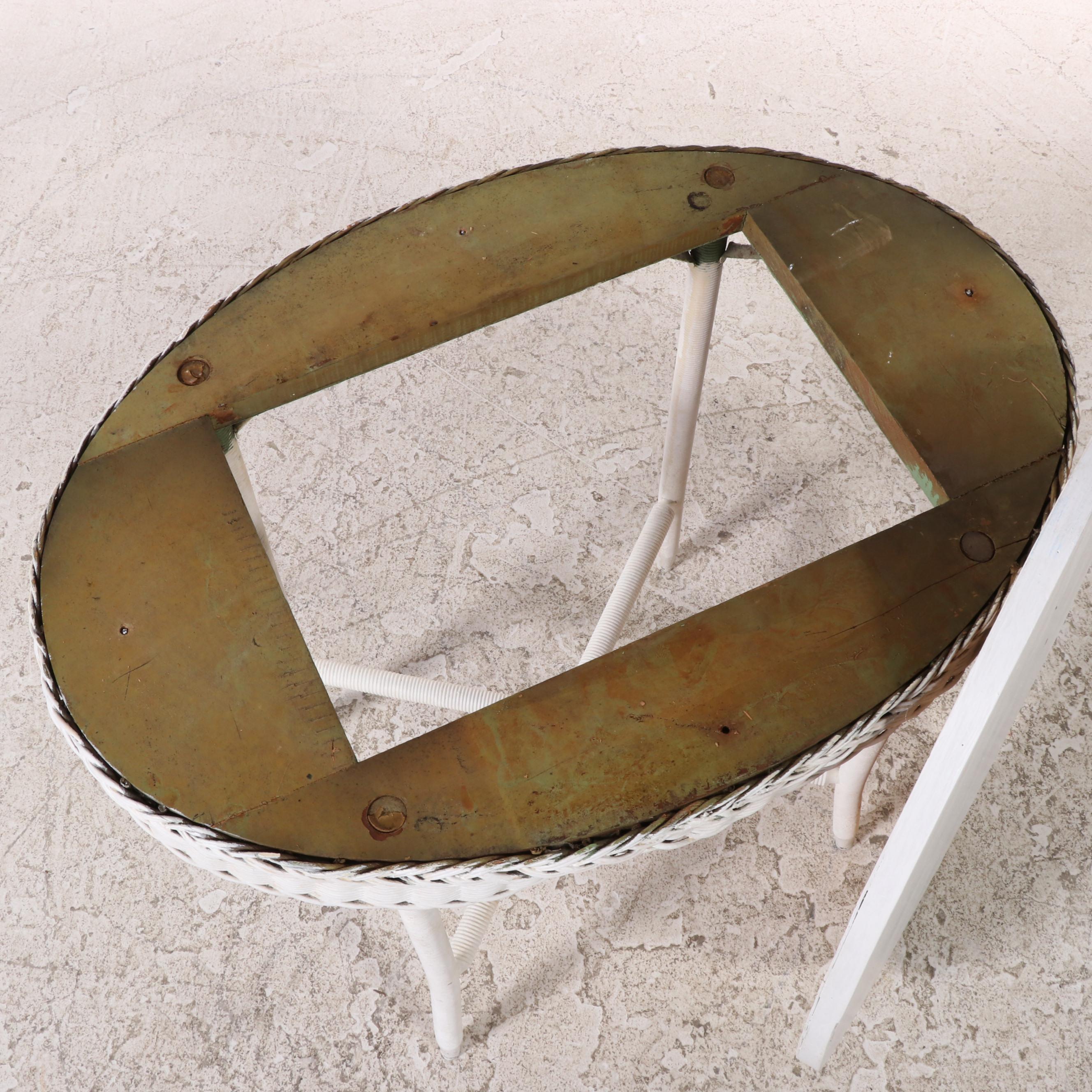 Two Rattan, Wicker and Painted Wood Top Oval Side Tables, Early to Mid 20th C.