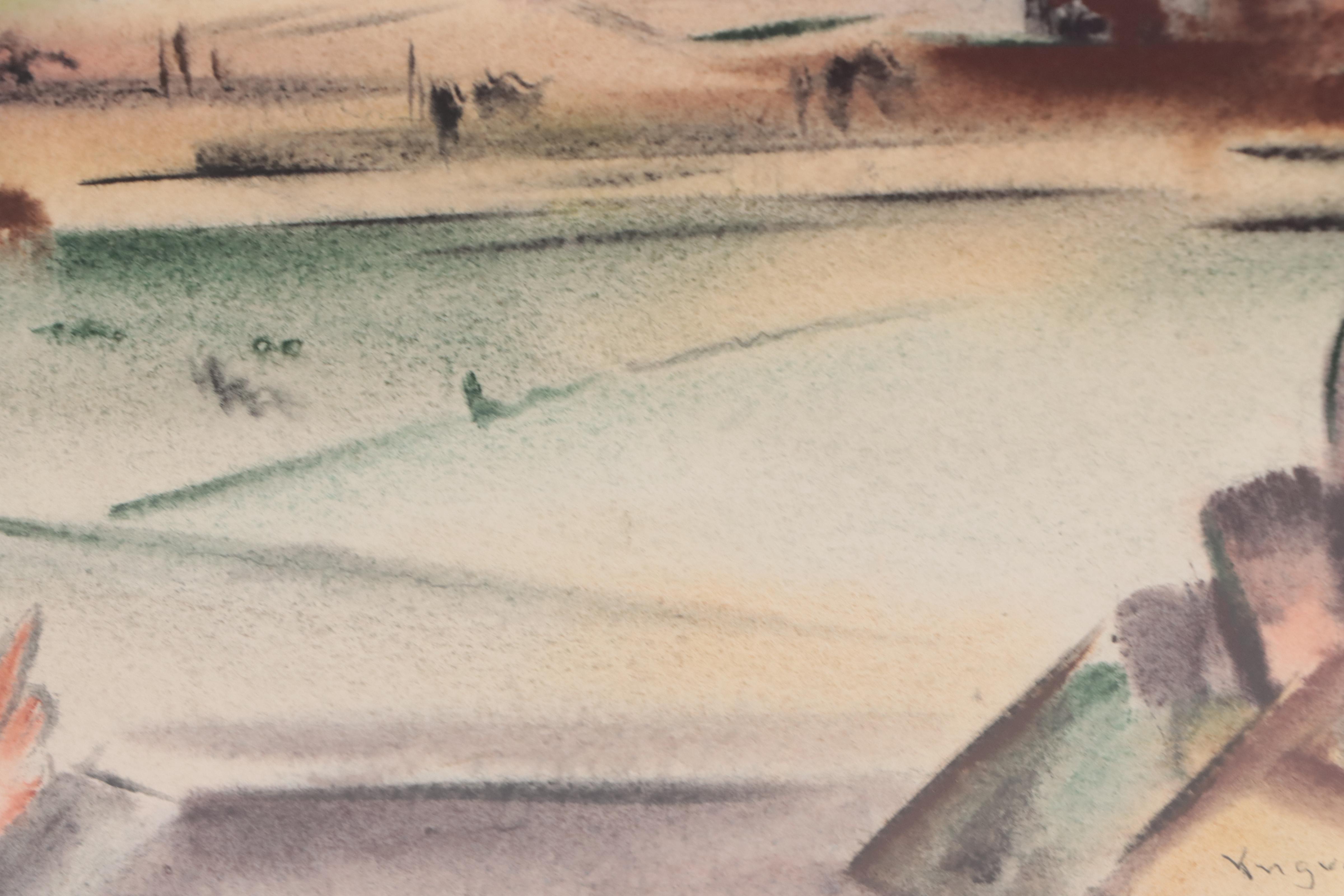 Yngve H. Olsen Modernist Landscape Watercolor Painting