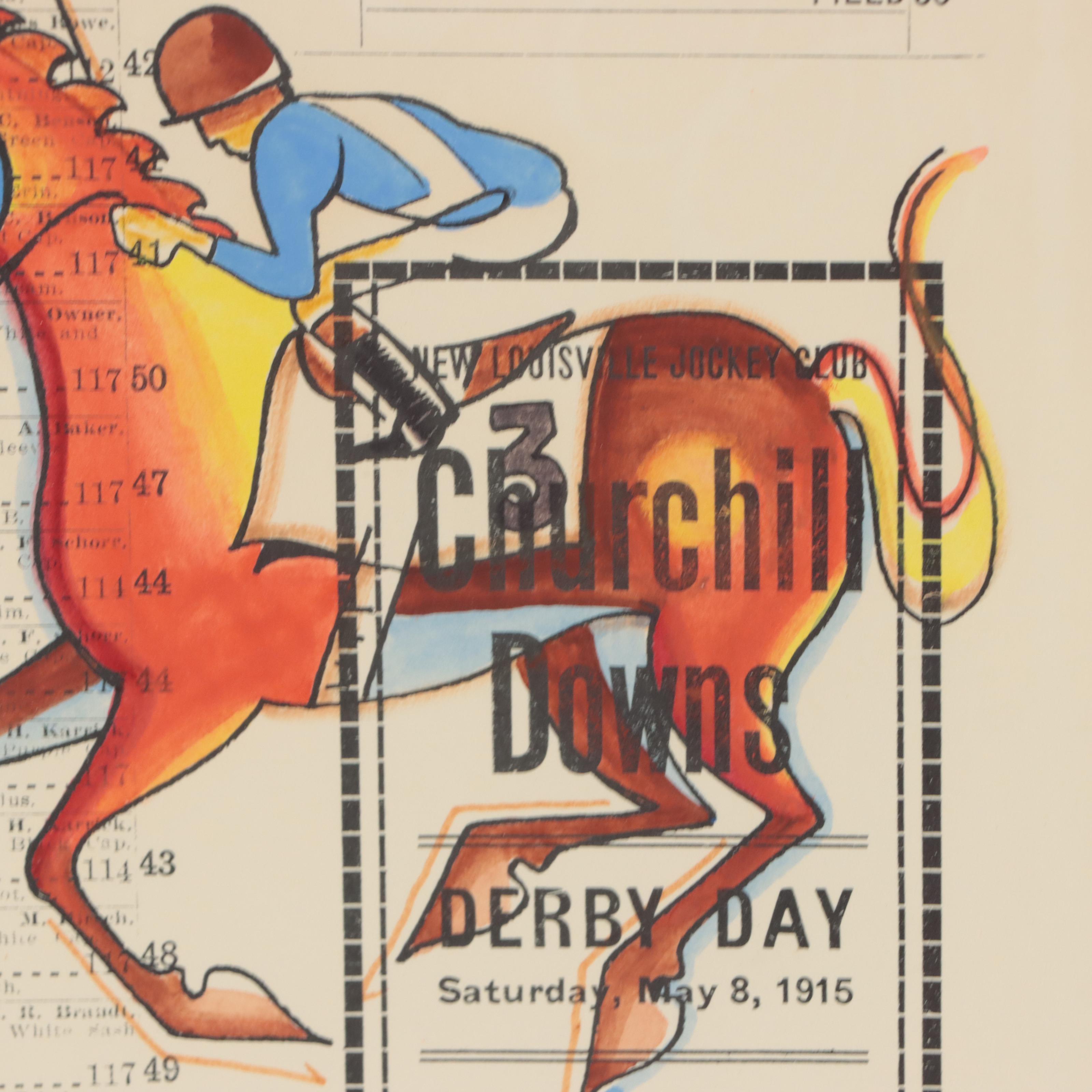 Jon Higgins Ink and Watercolor Drawing of Horse and Jockey