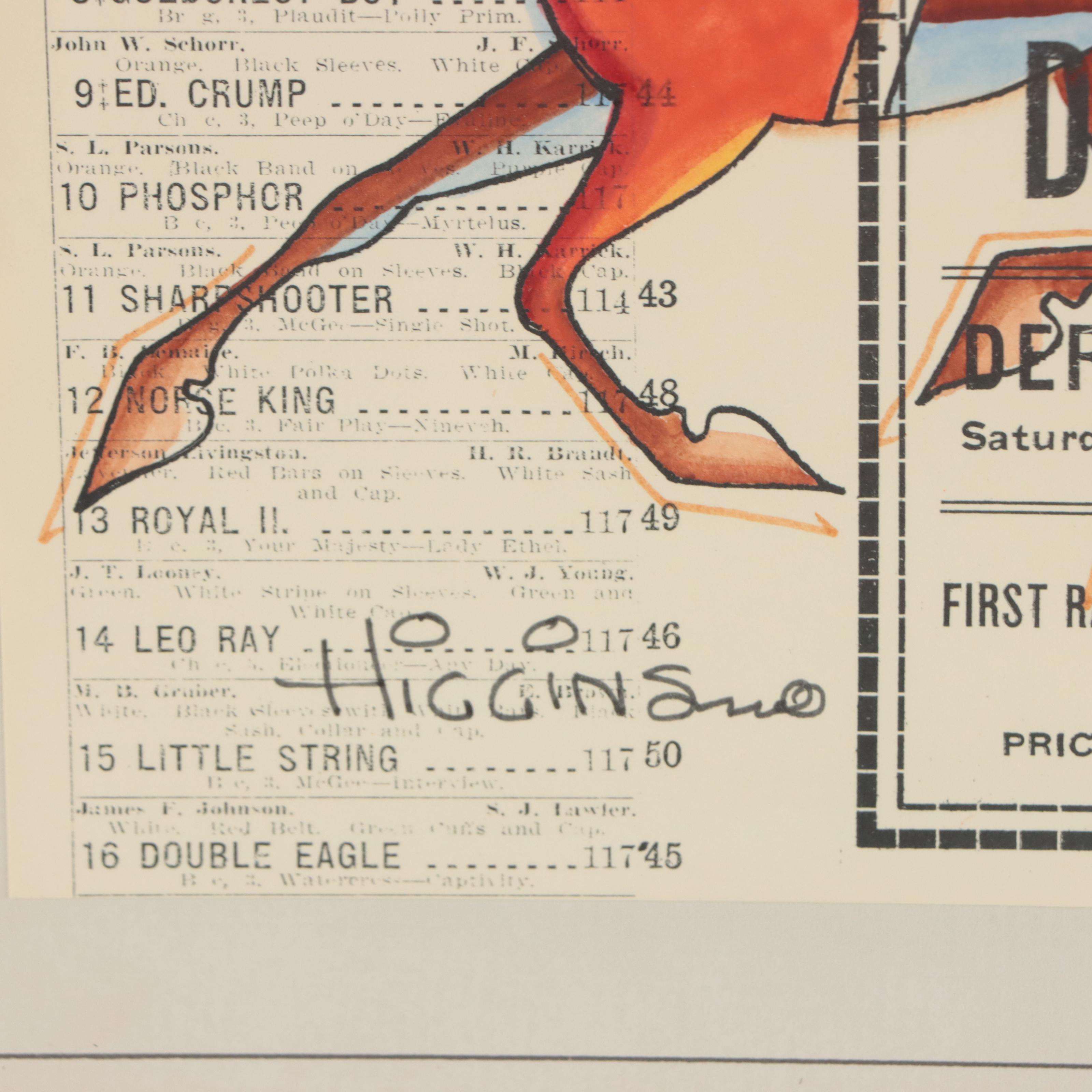 Jon Higgins Ink and Watercolor Drawing of Horse and Jockey