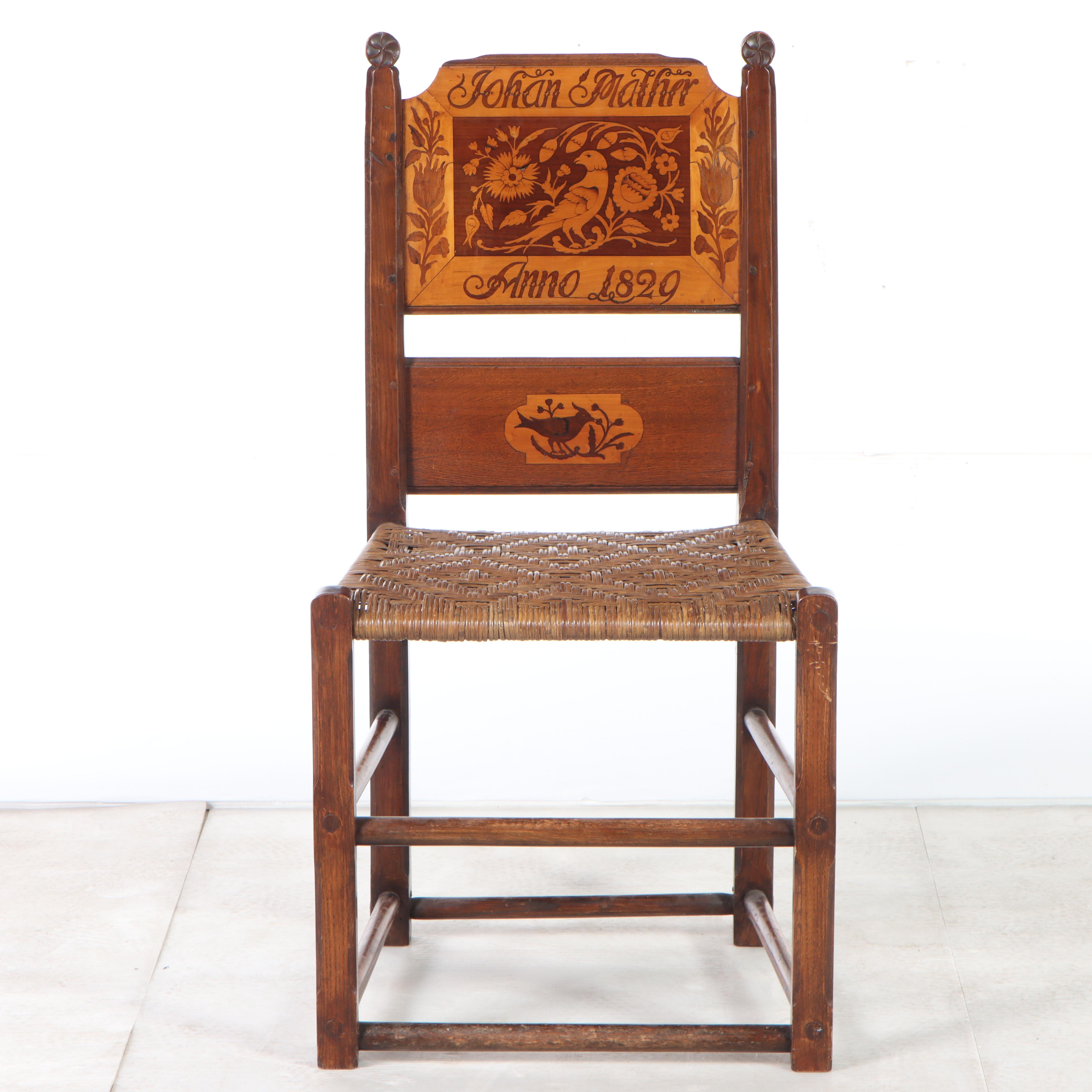 Marquetry-Back and Rush Seat Hardwood Side Chair, dated 1829