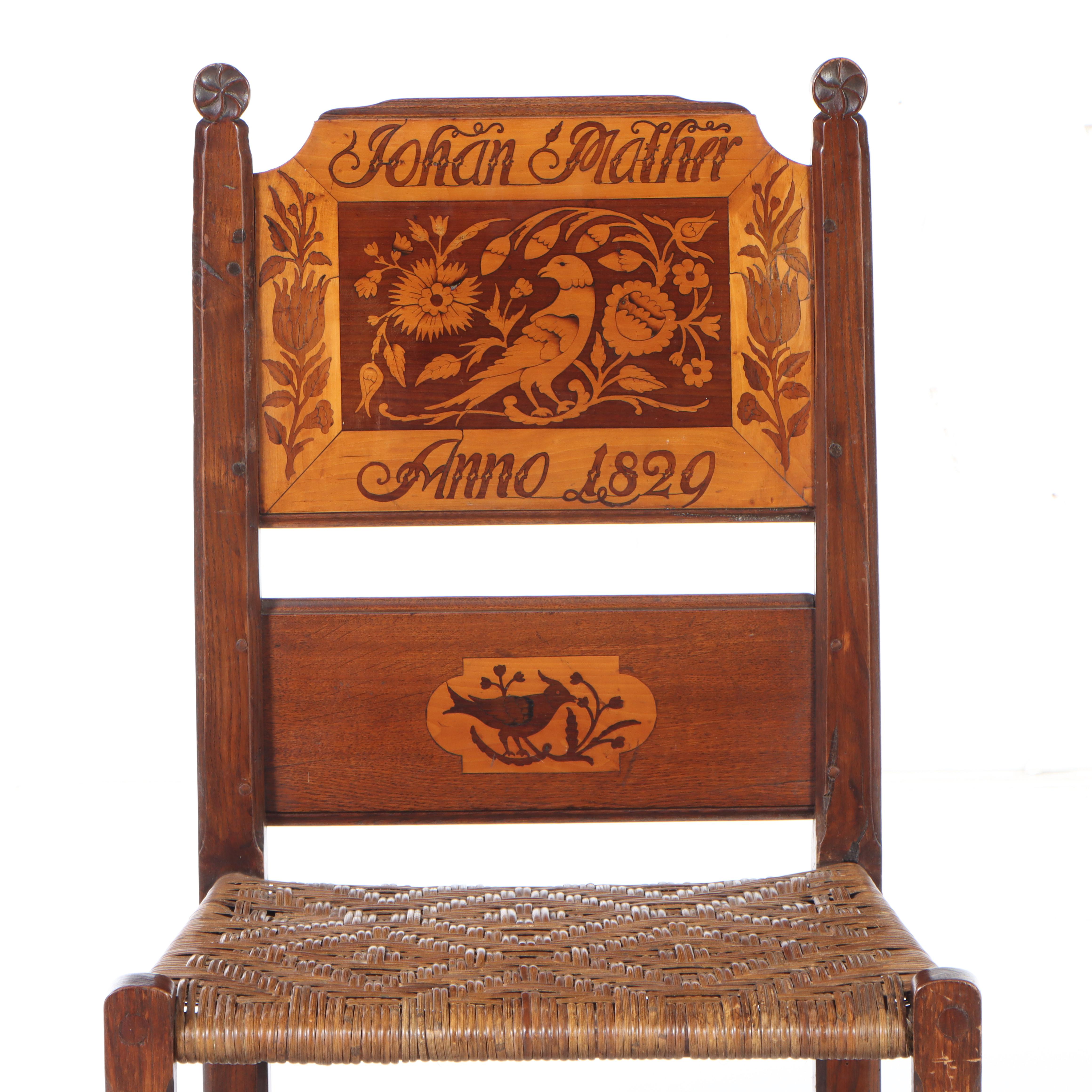 Marquetry-Back and Rush Seat Hardwood Side Chair, dated 1829