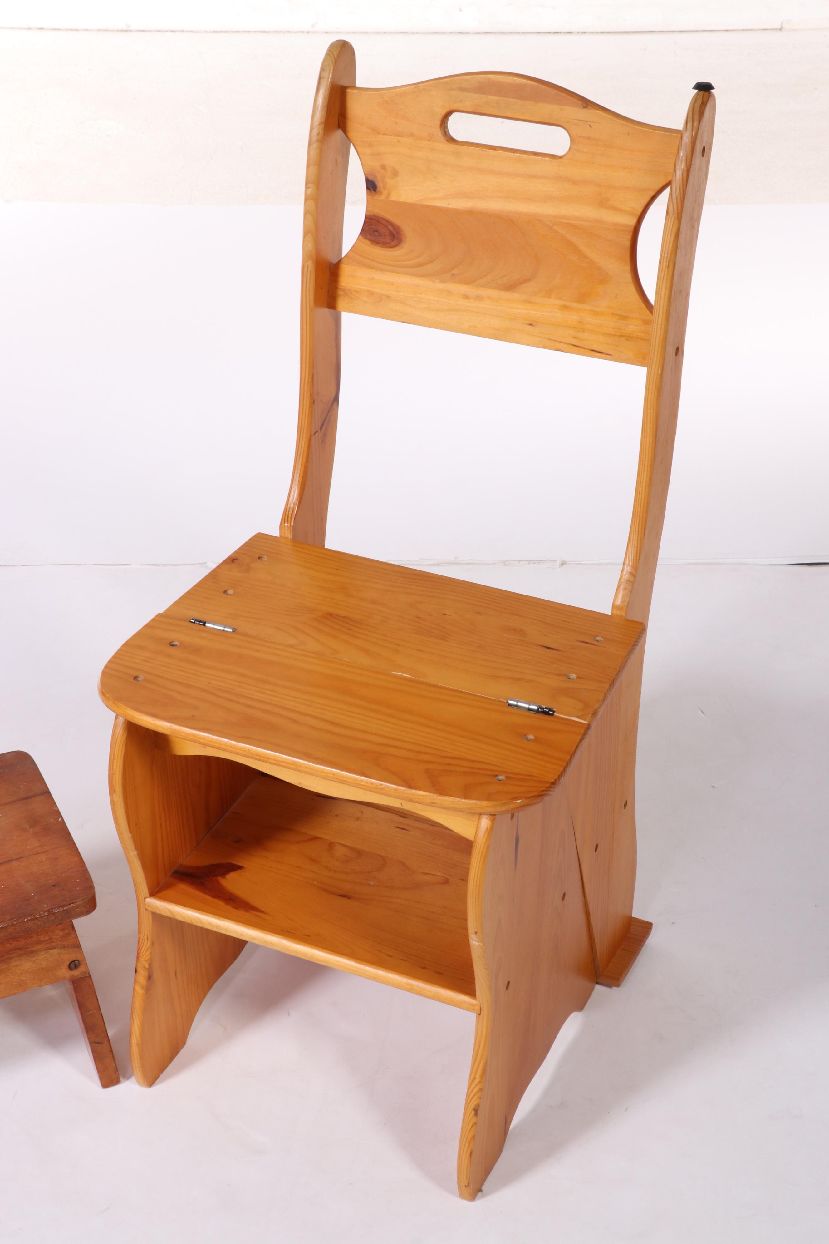 American Primitive Style Pine Metamorphic Side Chair/Library Steps Plus Footsool