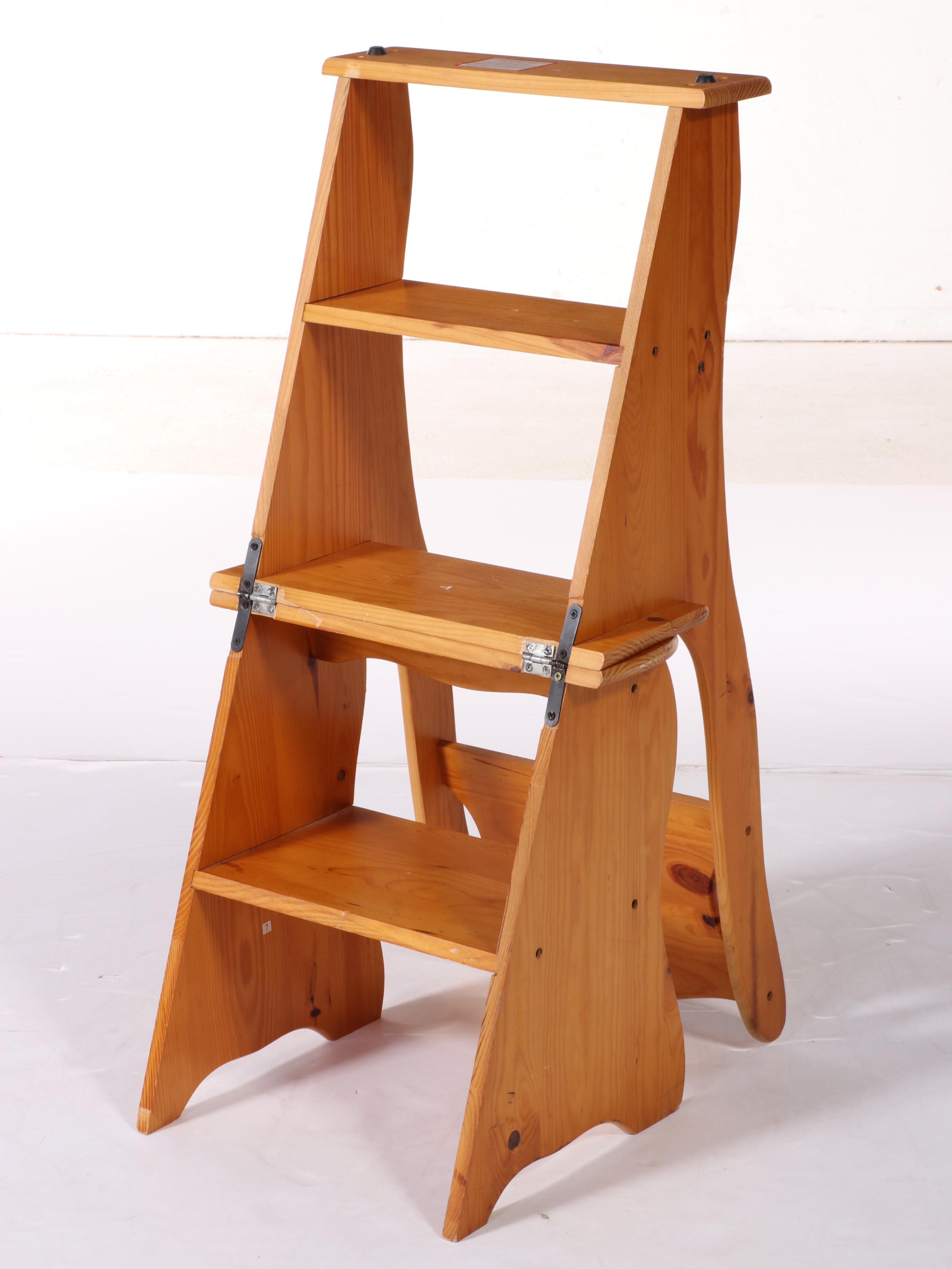 American Primitive Style Pine Metamorphic Side Chair/Library Steps Plus Footsool