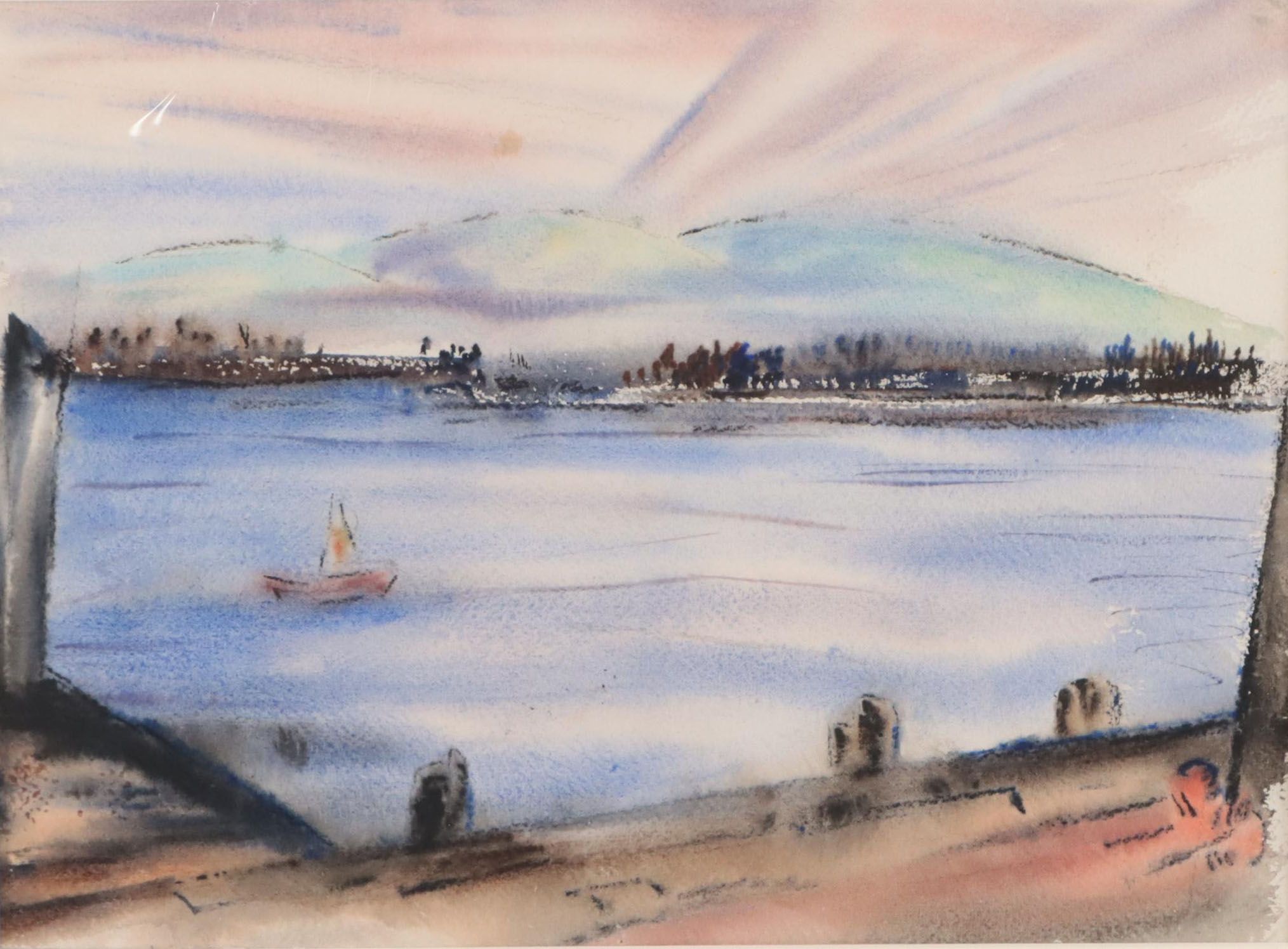 Yngve H. Olsen Modernist Harbor Scene Watercolor Painting