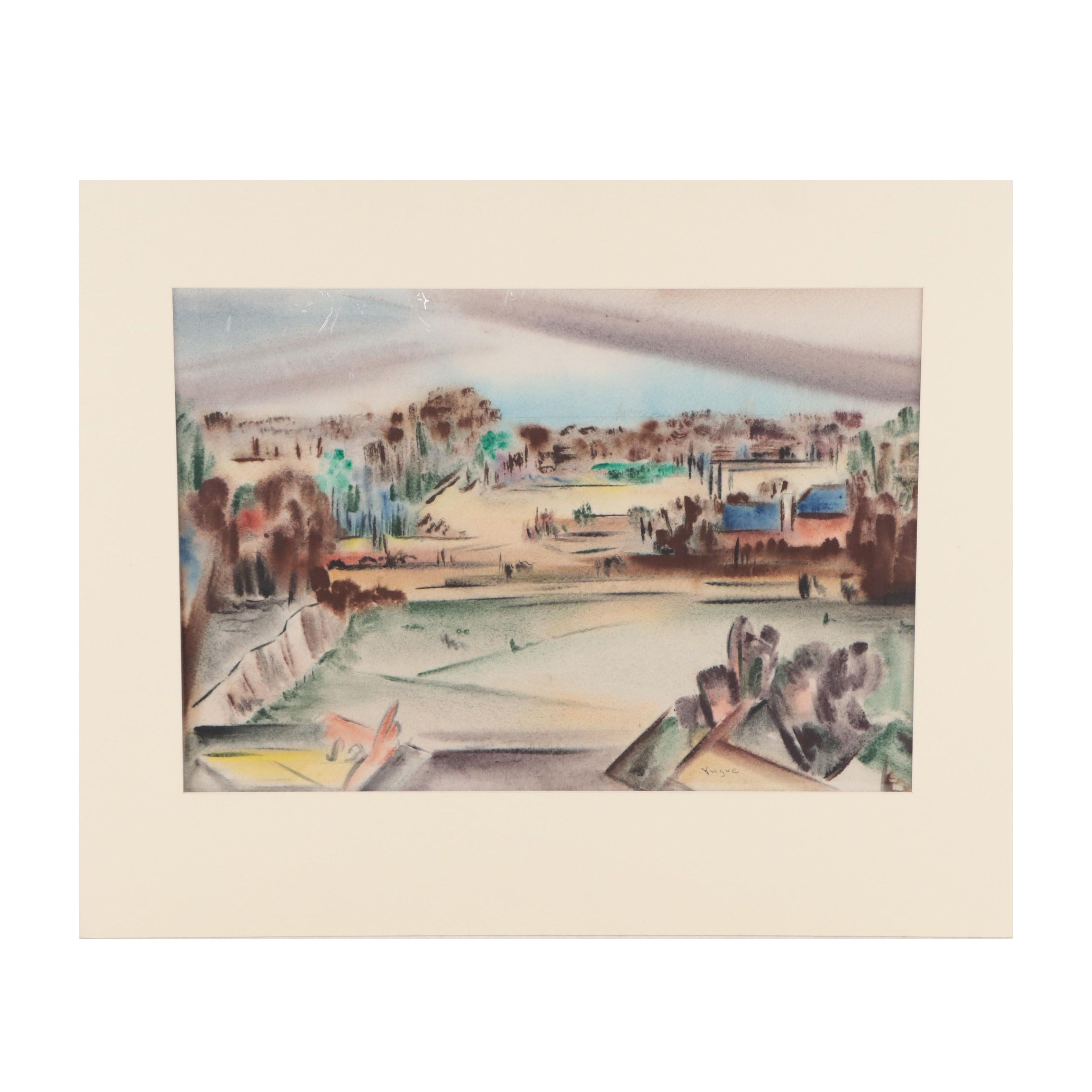 Yngve H. Olsen Modernist Landscape Watercolor Painting