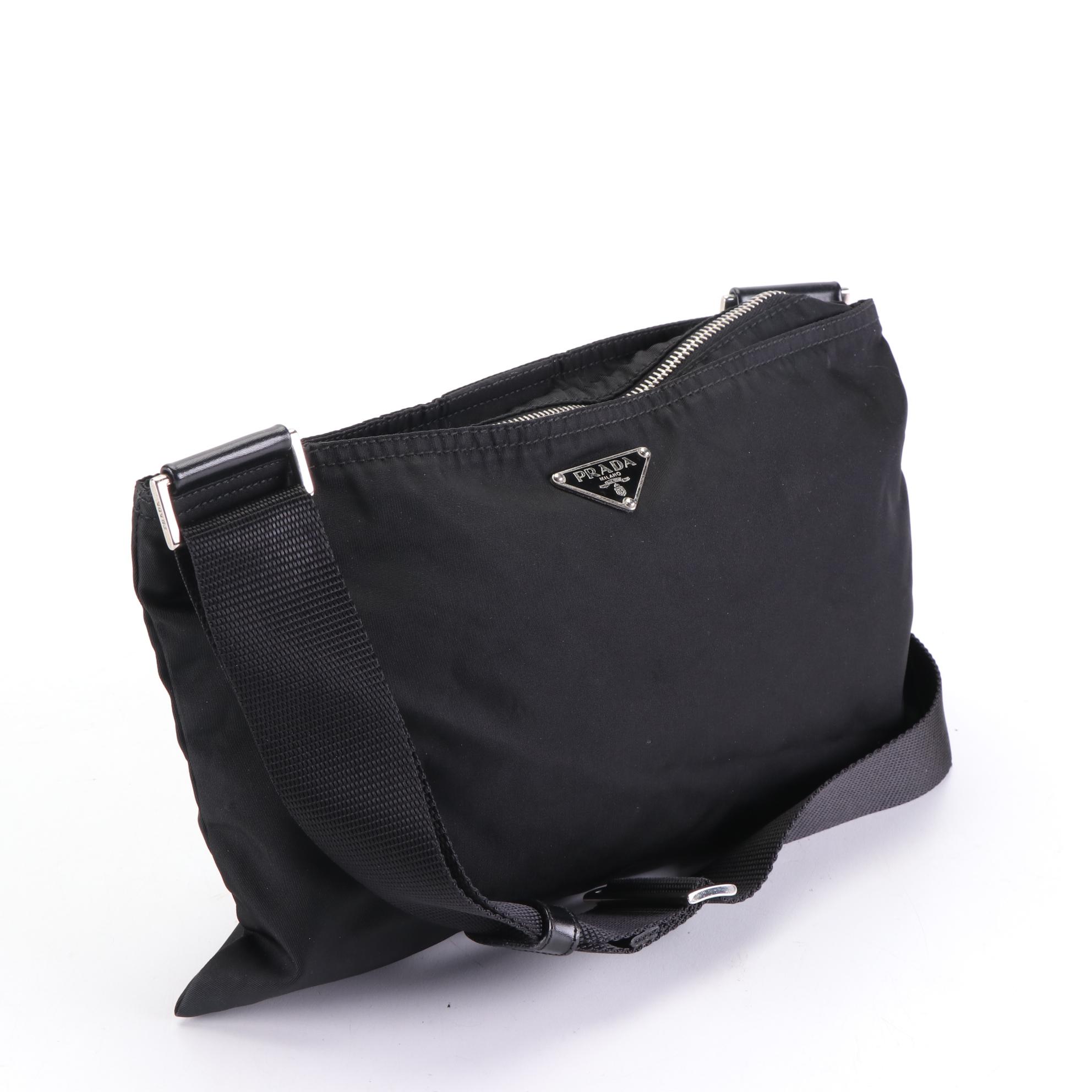 Prada Small Zip Crossbody Bag in Black Nylon Gabardine with Leather Trim