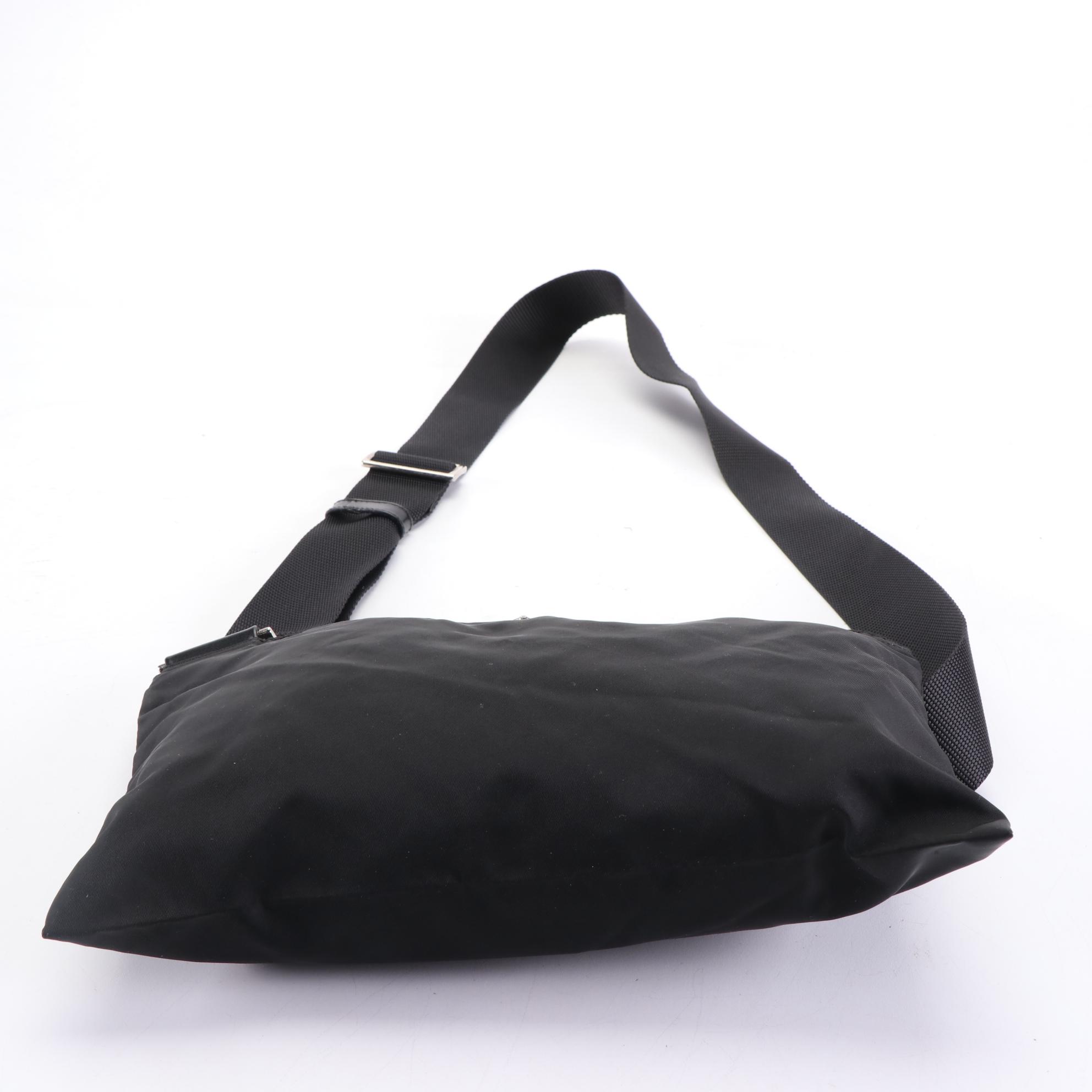 Prada Small Zip Crossbody Bag in Black Nylon Gabardine with Leather Trim