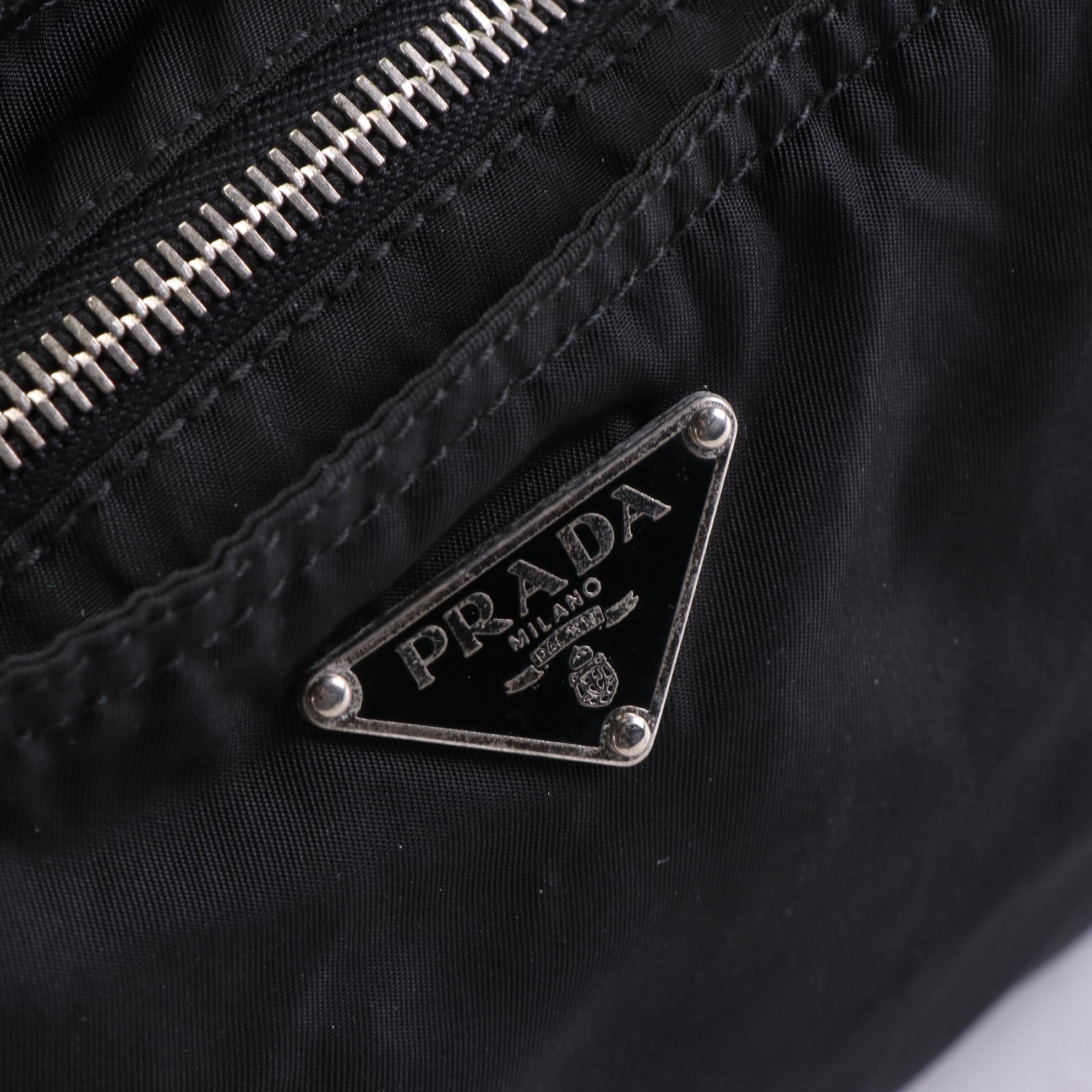 Prada Small Zip Crossbody Bag in Black Nylon Gabardine with Leather Trim